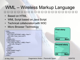 WML – Wireless Markup Language Based on HTML WML Script based on Java Script Technical collaboration with W3C Micro Browser Technology <WML> <TEMPLATE> <DO TYPE="OPTIONS" LABEL="Main"> <GO URL="main_menu.wml"/> </DO> </TEMPLATE> <CARD NAME="msg1"> <DO TYPE="ACCEPT" LABEL="Next"> <GO URL="#msg2"/> </DO> First story  </CARD> <CARD NAME="msg2"> Second story </CARD> </WML> First story … ___________ Next  Main Second story ... ___________ OK  Main 