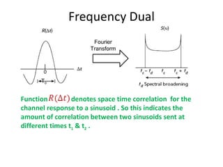 Frequency Dual Fourier Transform T 0 Function  denotes space time correlation  for the channel response to a sinusoid . So this indicates the amount of correlation between two sinusoids sent at different times t 1  & t 2  . 