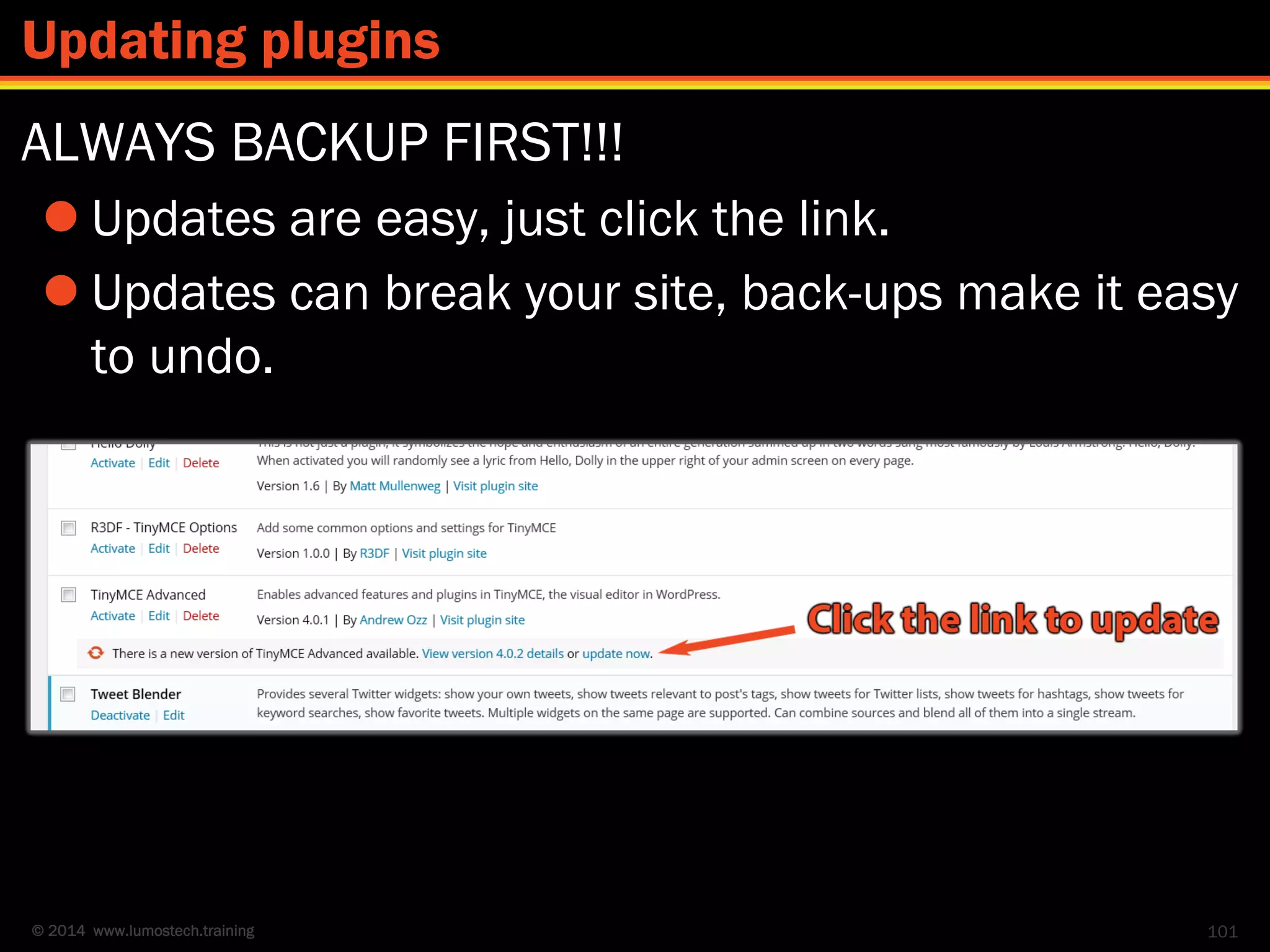 © 2014 www.lumostech.training
ALWAYS BACKUP FIRST!!!
 Updates are easy, just click the link.
 Updates can break your site, back-ups make it easy
to undo.
101
Updating plugins
 