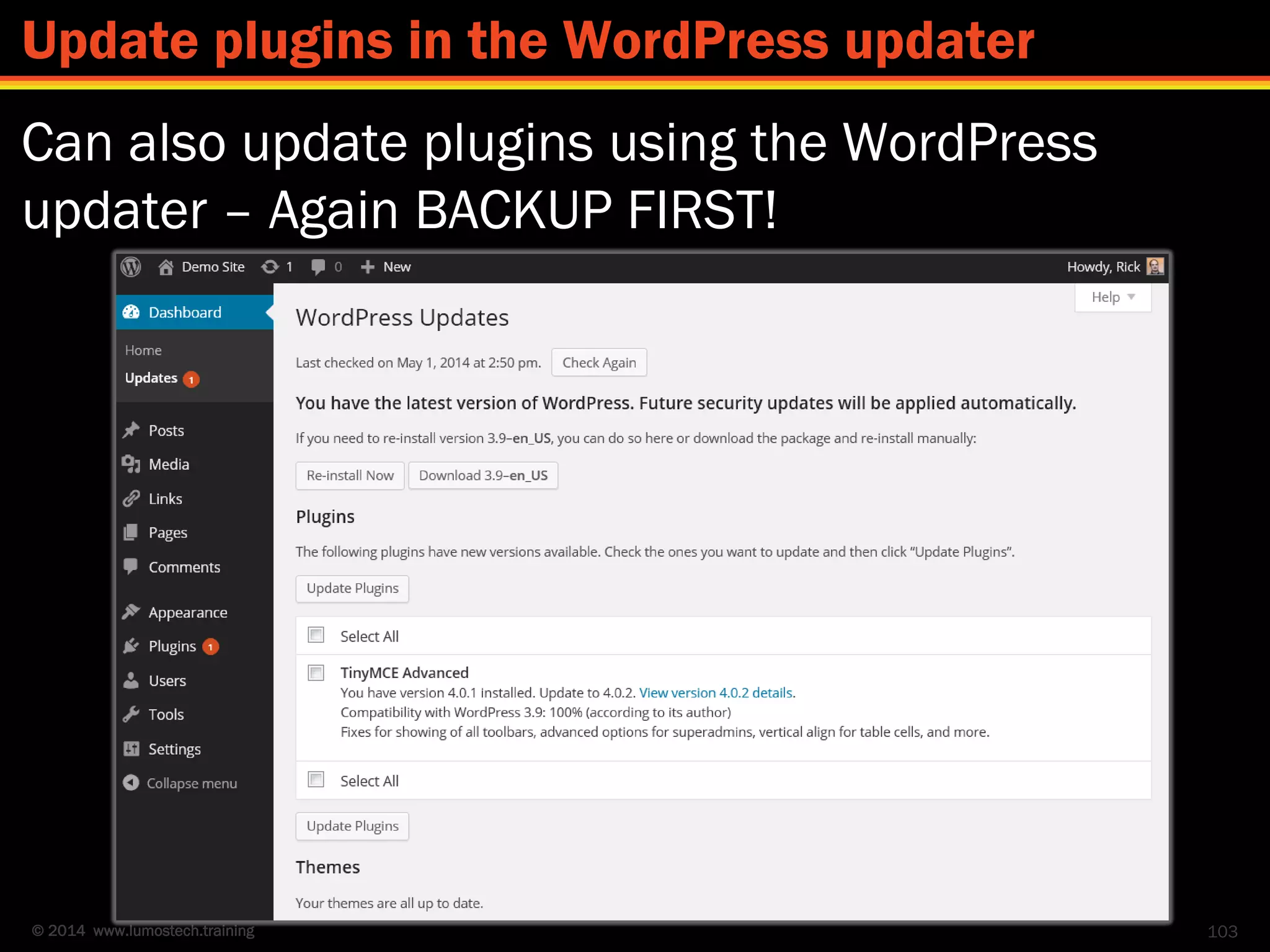 © 2014 www.lumostech.training
Can also update plugins using the WordPress
updater – Again BACKUP FIRST!
103
Update plugins in the WordPress updater
 