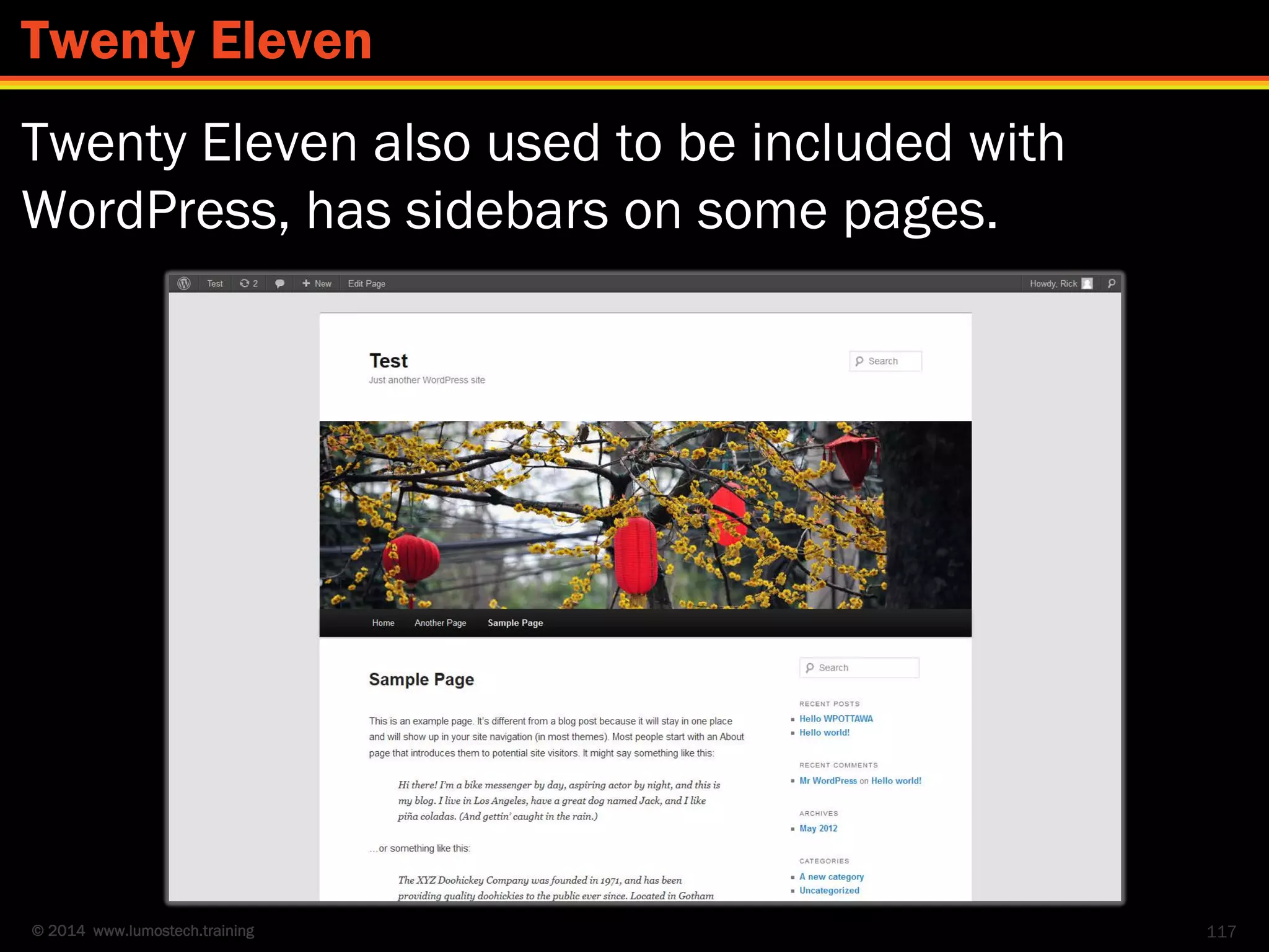 © 2014 www.lumostech.training
Twenty Eleven also used to be included with
WordPress, has sidebars on some pages.
117
Twenty Eleven
 
