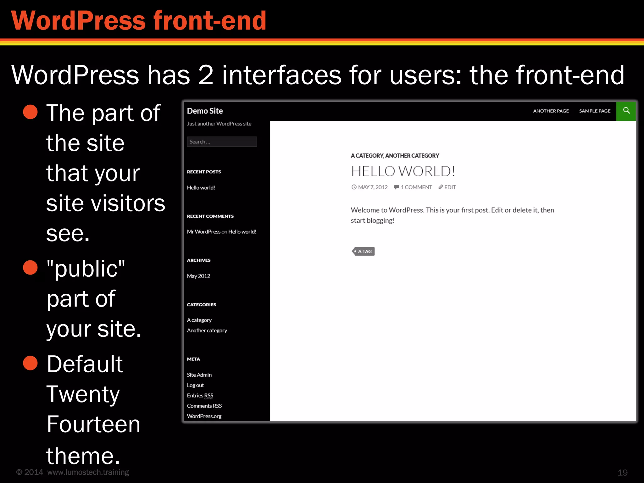 © 2014 www.lumostech.training
 The part of
the site
that your
site visitors
see.
 "public"
part of
your site.
 Default
Twenty
Fourteen
theme. 19
WordPress front-end
WordPress has 2 interfaces for users: the front-end
 