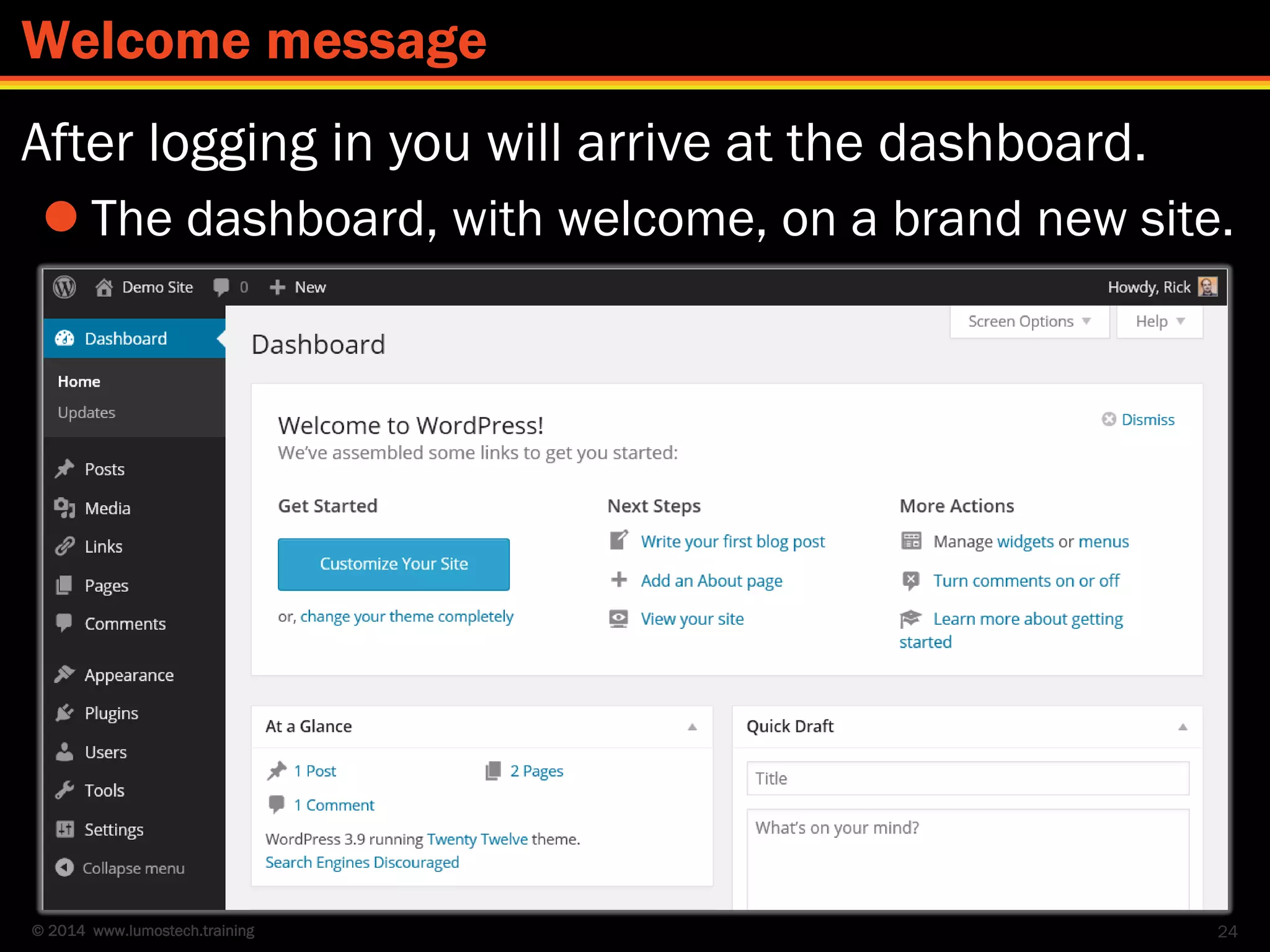 © 2014 www.lumostech.training
After logging in you will arrive at the dashboard.
 The dashboard, with welcome, on a brand new site.
24
Welcome message
 