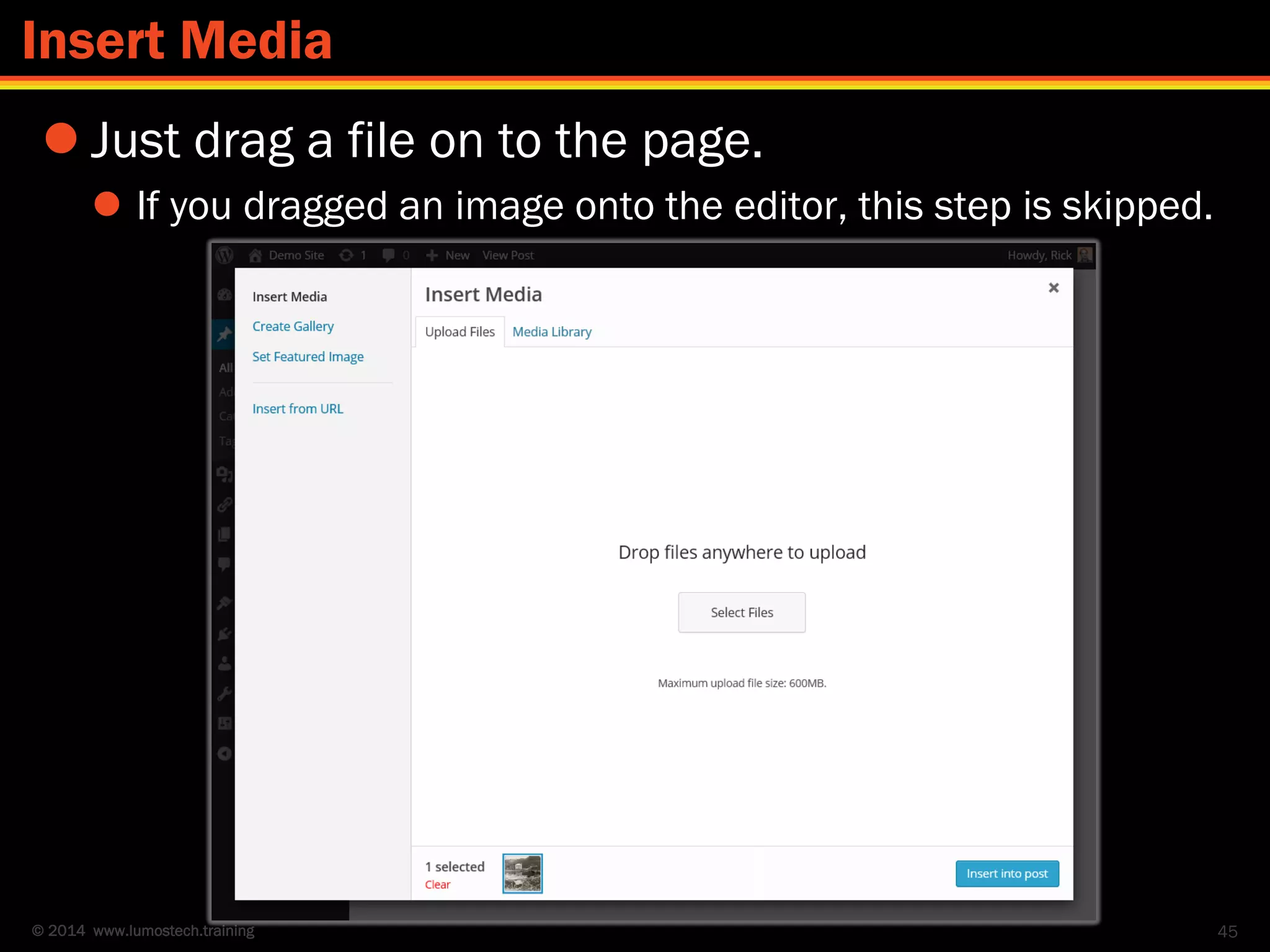 © 2014 www.lumostech.training
 Just drag a file on to the page.
 If you dragged an image onto the editor, this step is skipped.
45
Insert Media
 