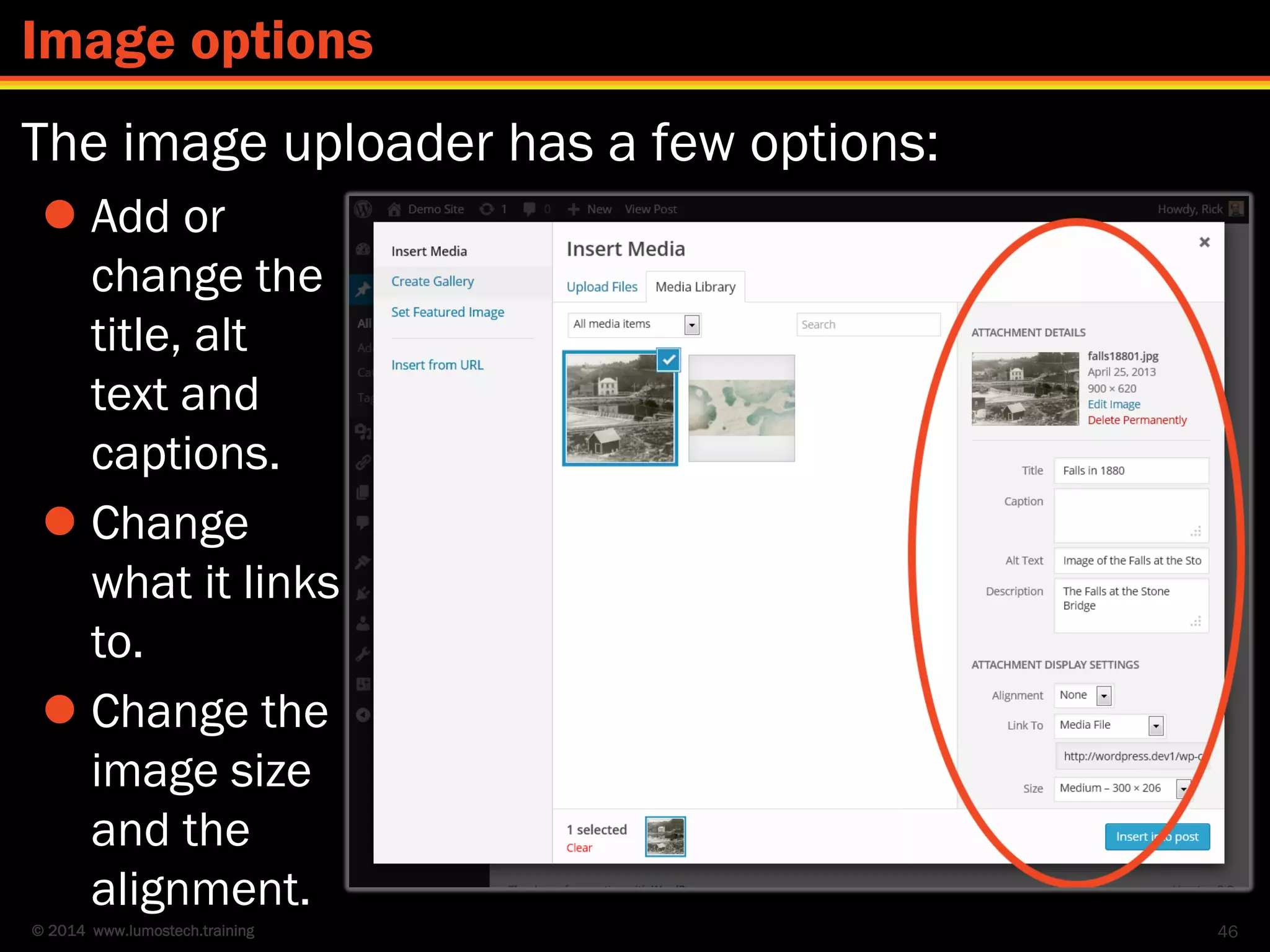 © 2014 www.lumostech.training
The image uploader has a few options:
 Add or
change the
title, alt
text and
captions.
 Change
what it links
to.
 Change the
image size
and the
alignment.
46
Image options
 