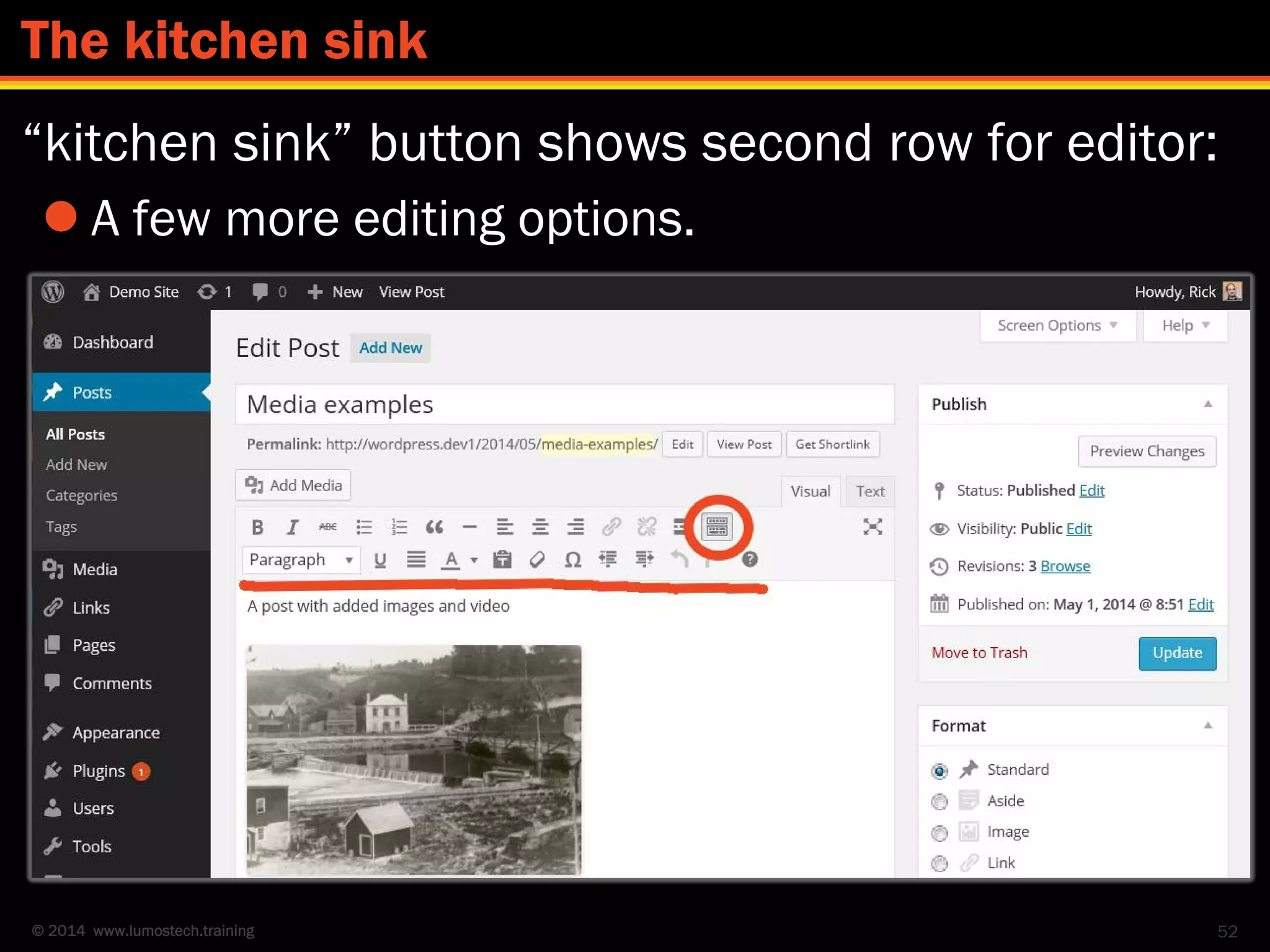 © 2014 www.lumostech.training
“kitchen sink” button shows second row for editor:
 A few more editing options.
52
The kitchen sink
 