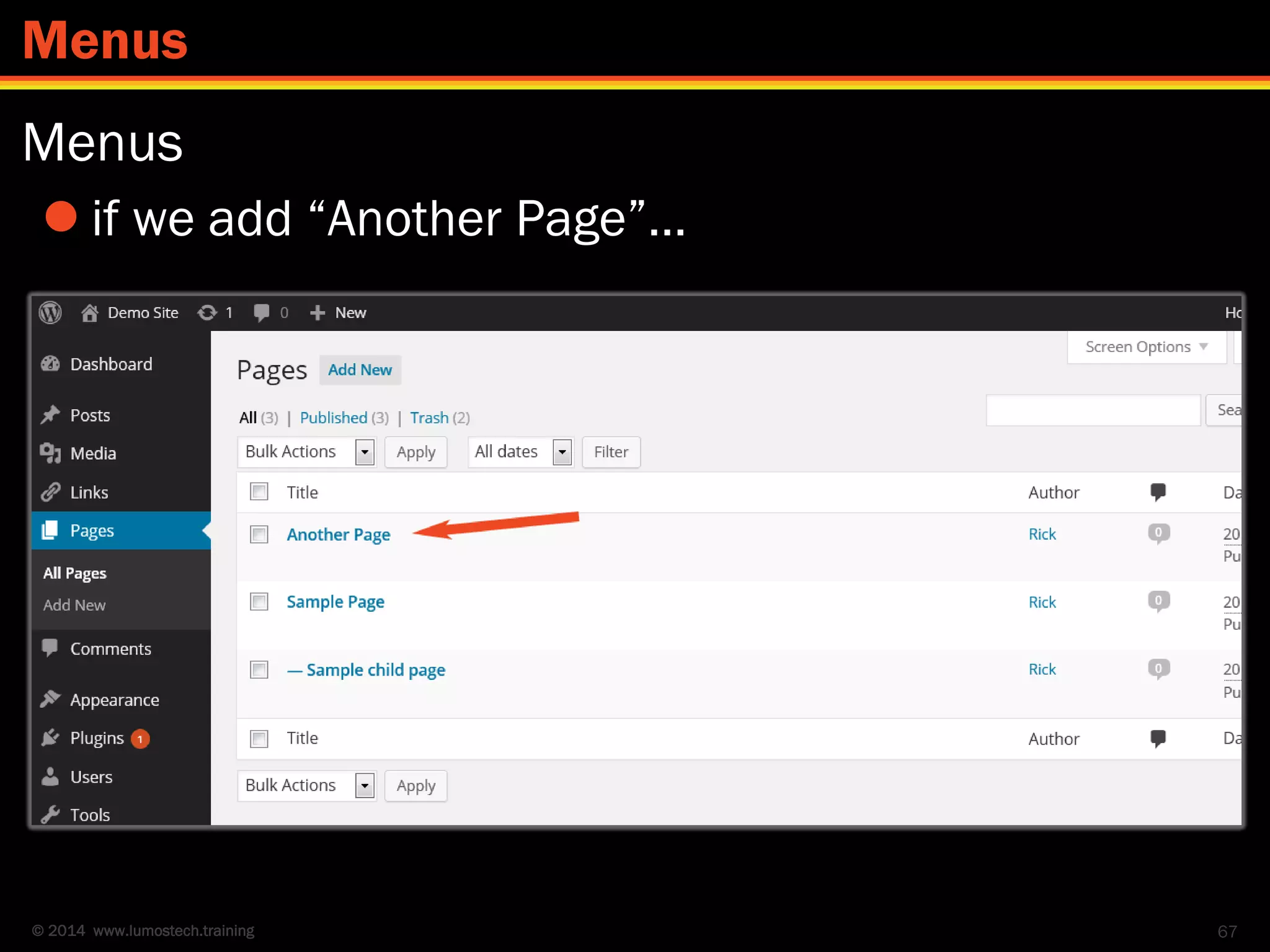 © 2014 www.lumostech.training
Menus
 if we add “Another Page”…
67
Menus
 