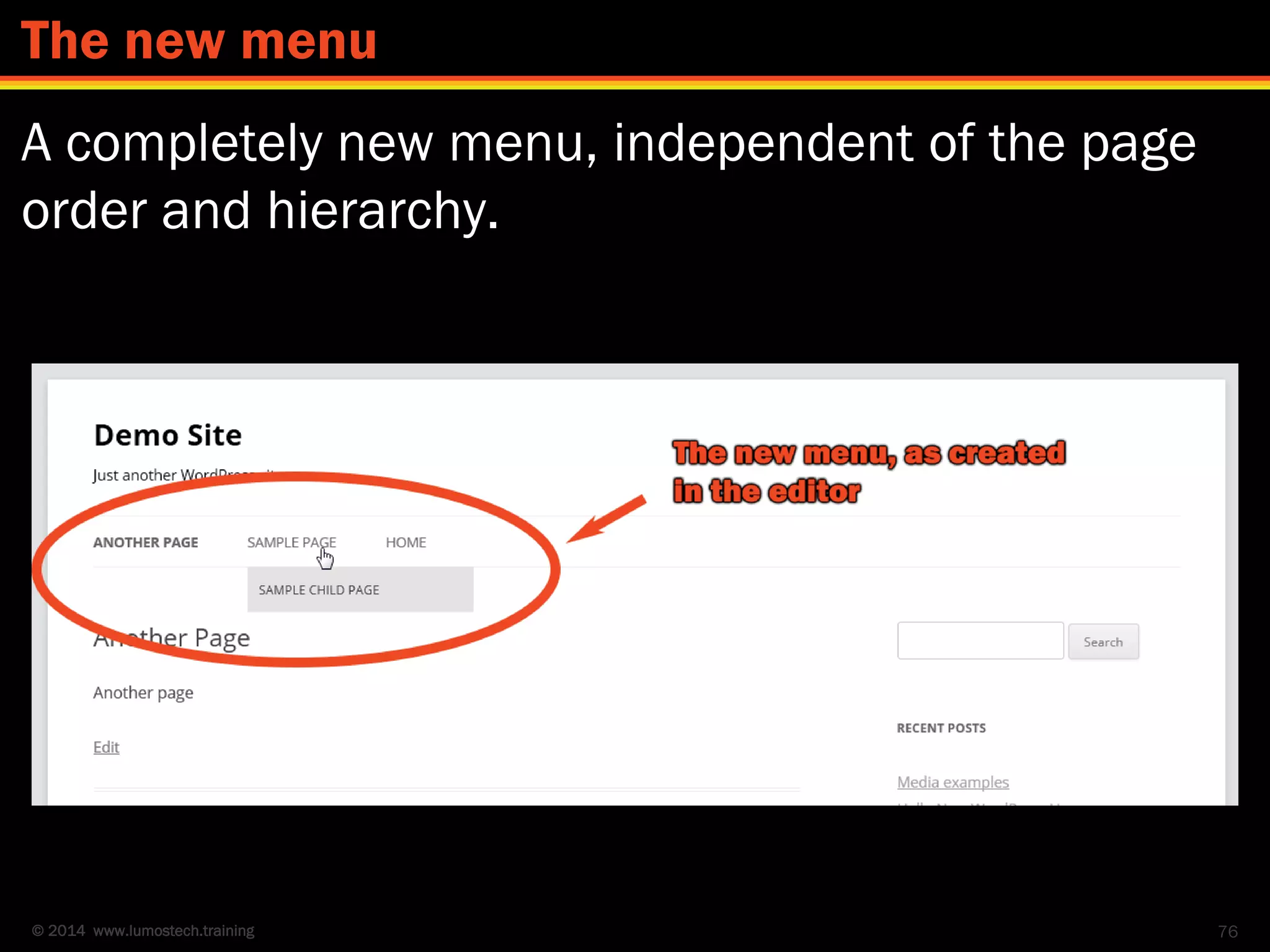 © 2014 www.lumostech.training
A completely new menu, independent of the page
order and hierarchy.
76
The new menu
 