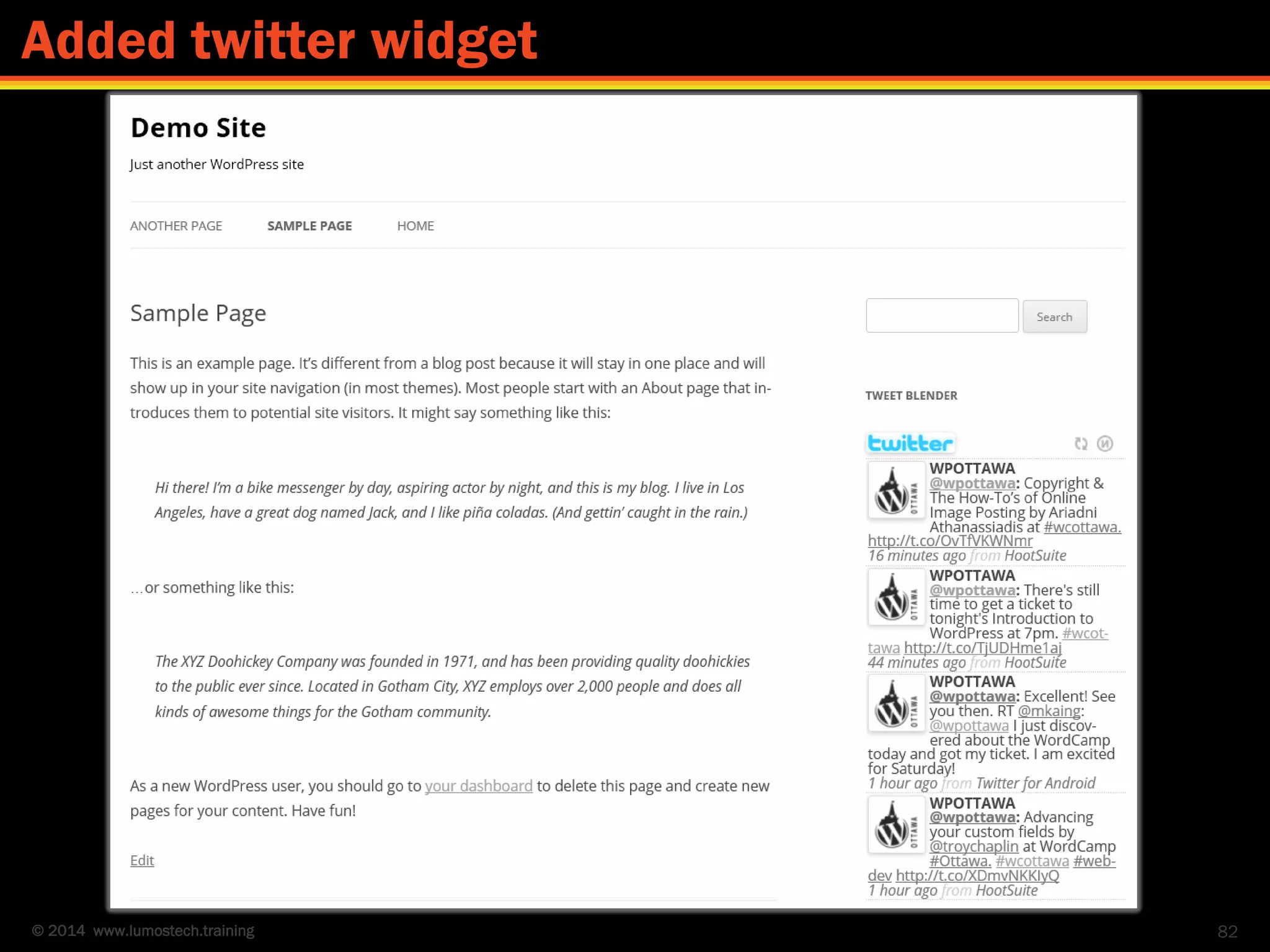 © 2014 www.lumostech.training 82
Added twitter widget
 