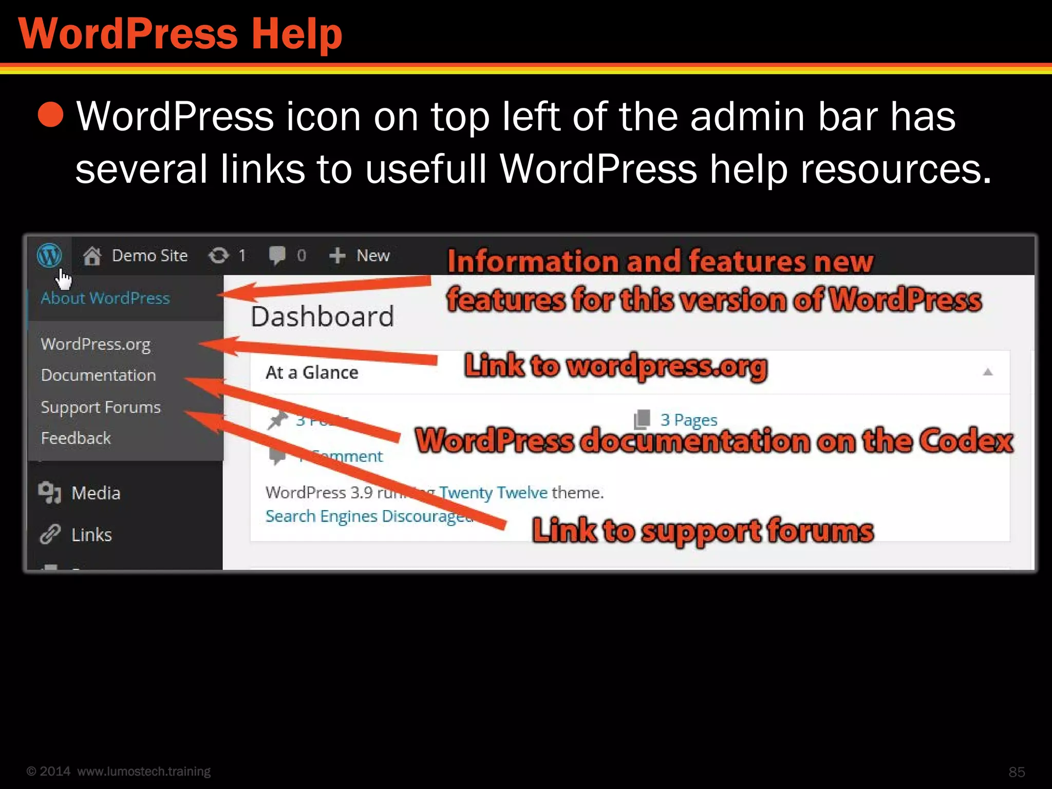 © 2014 www.lumostech.training
 WordPress icon on top left of the admin bar has
several links to usefull WordPress help resources.
85
WordPress Help
 