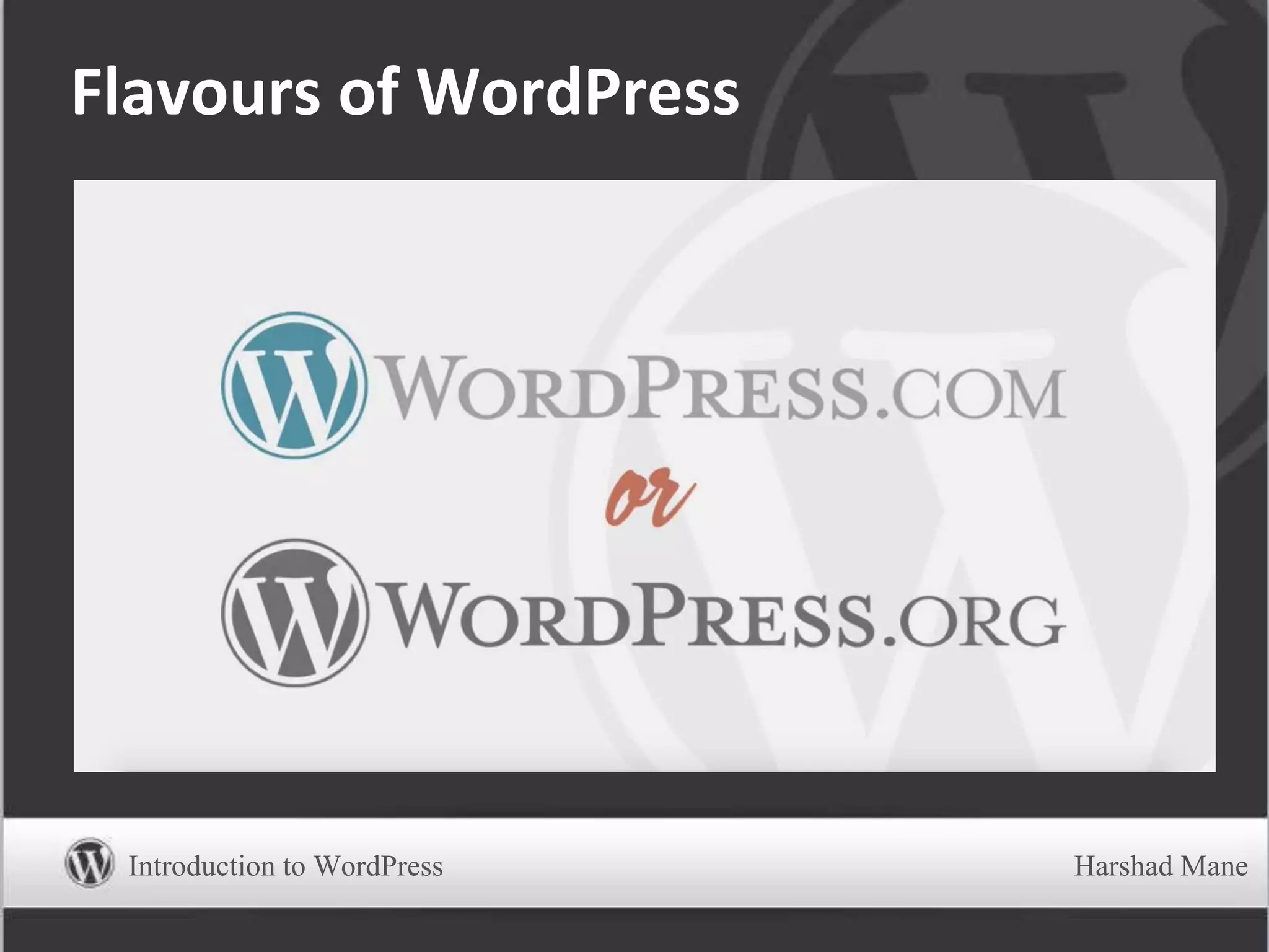 Flavours of WordPress
Introduction to WordPress Harshad Mane
 