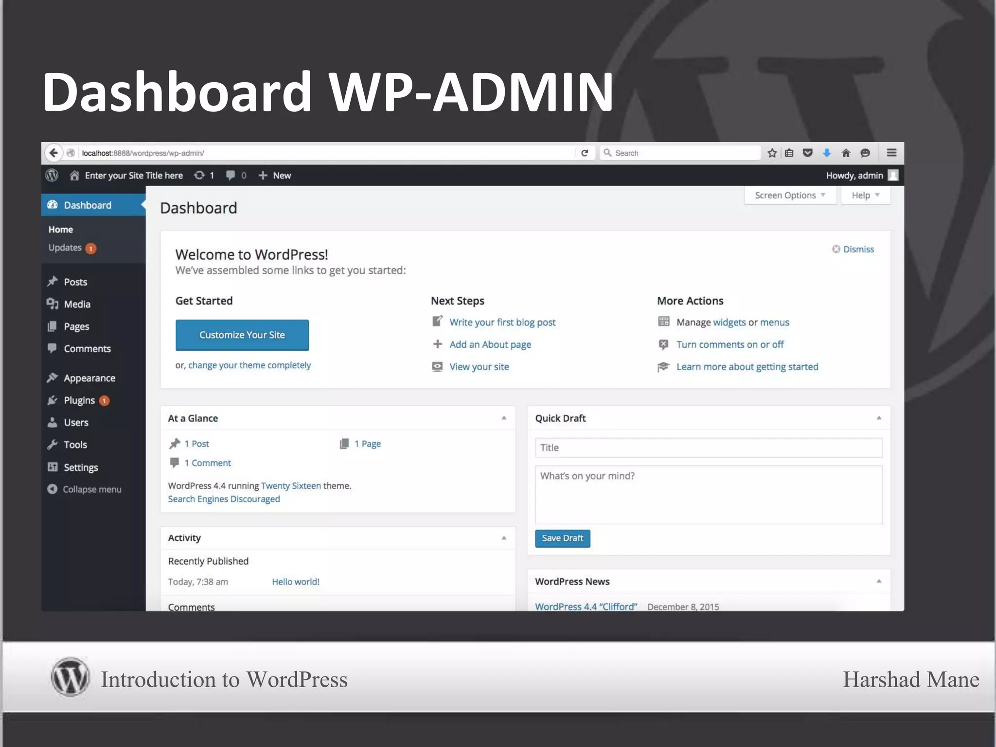 Dashboard WP-ADMIN
Introduction to WordPress Harshad Mane
 