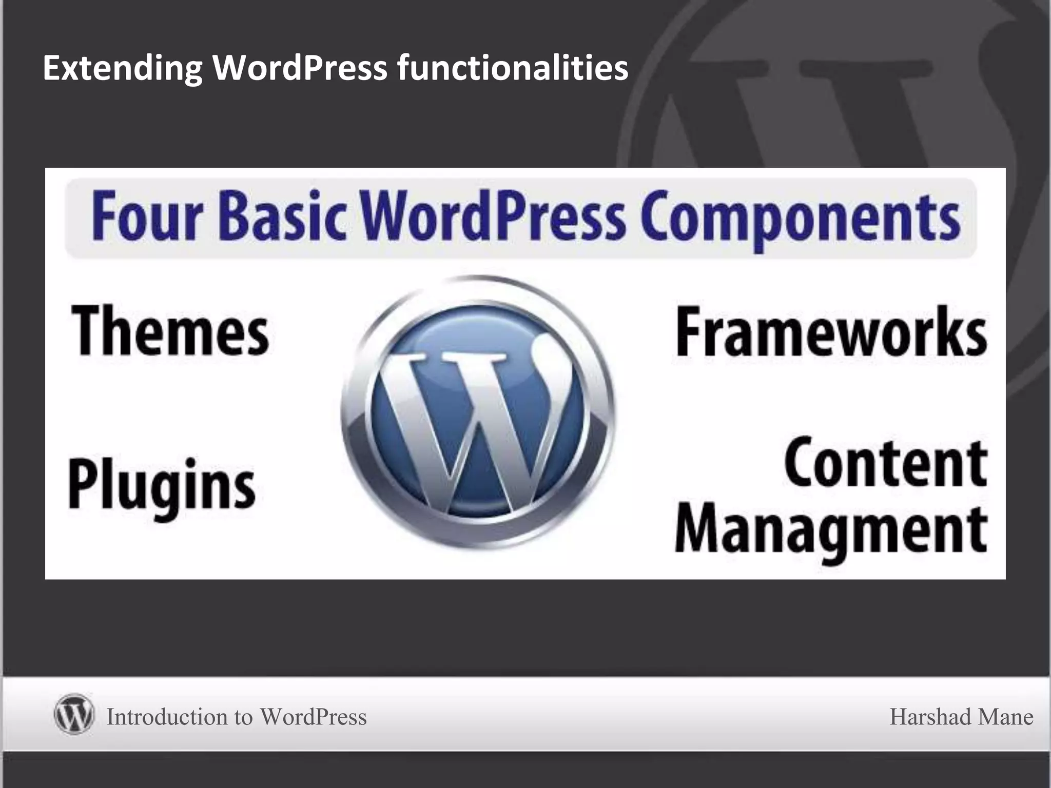 Extending WordPress functionalities
Introduction to WordPress Harshad Mane
 
