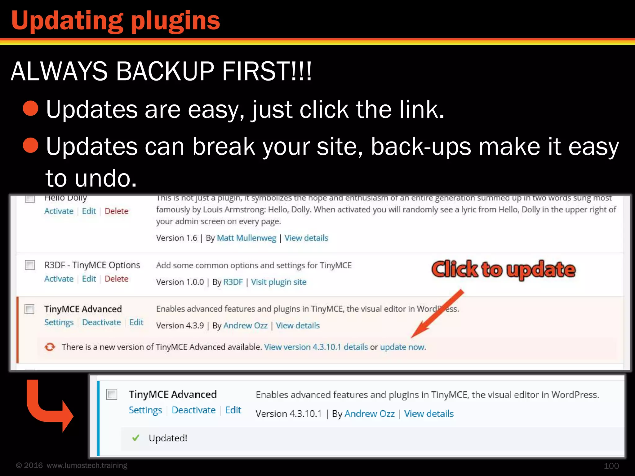 © 2016 www.lumostech.training
ALWAYS BACKUP FIRST!!!
 Updates are easy, just click the link.
 Updates can break your site, back-ups make it easy
to undo.
100
Updating plugins
 
