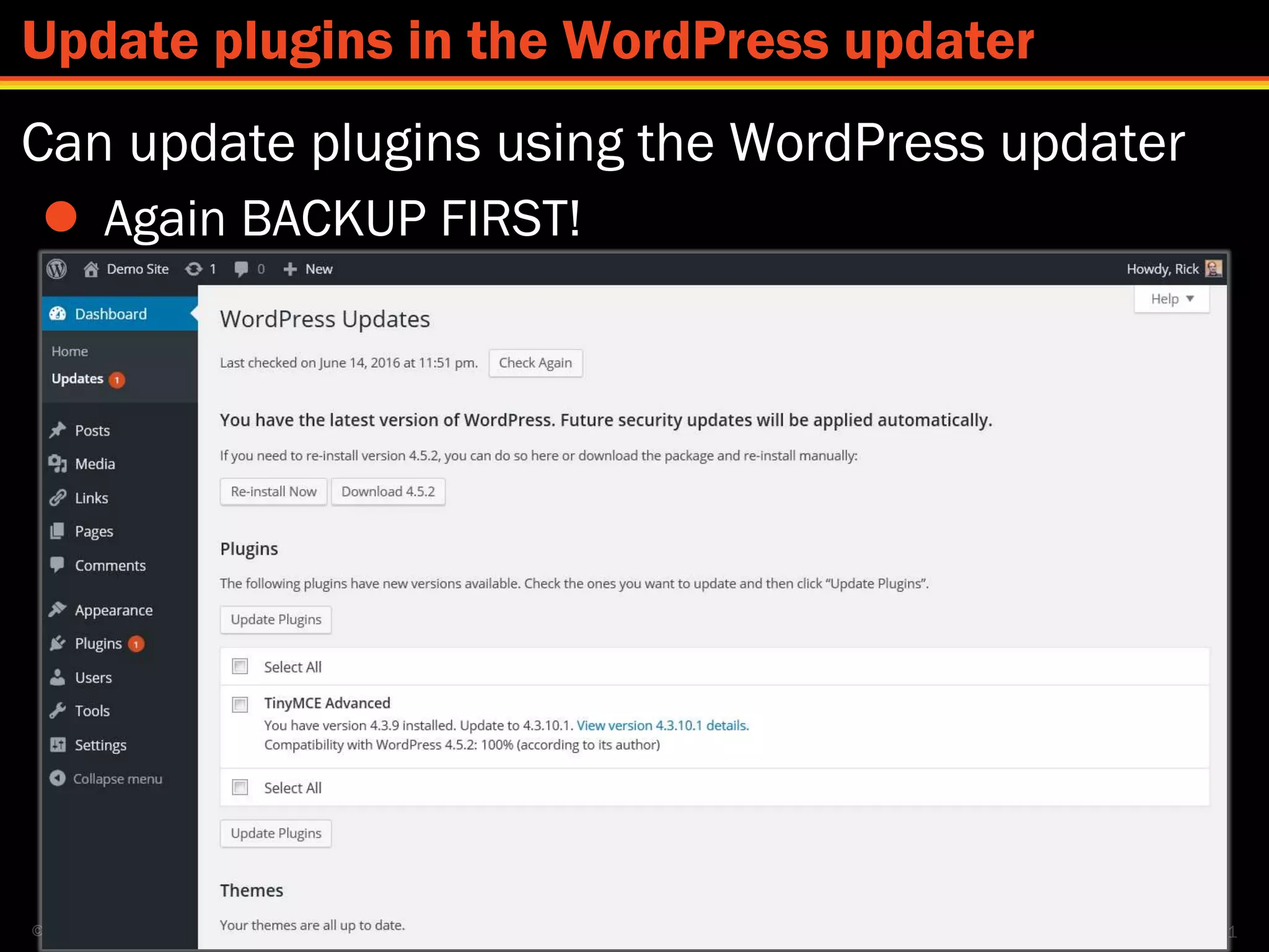 © 2016 www.lumostech.training
Can update plugins using the WordPress updater
 Again BACKUP FIRST!
101
Update plugins in the WordPress updater
 