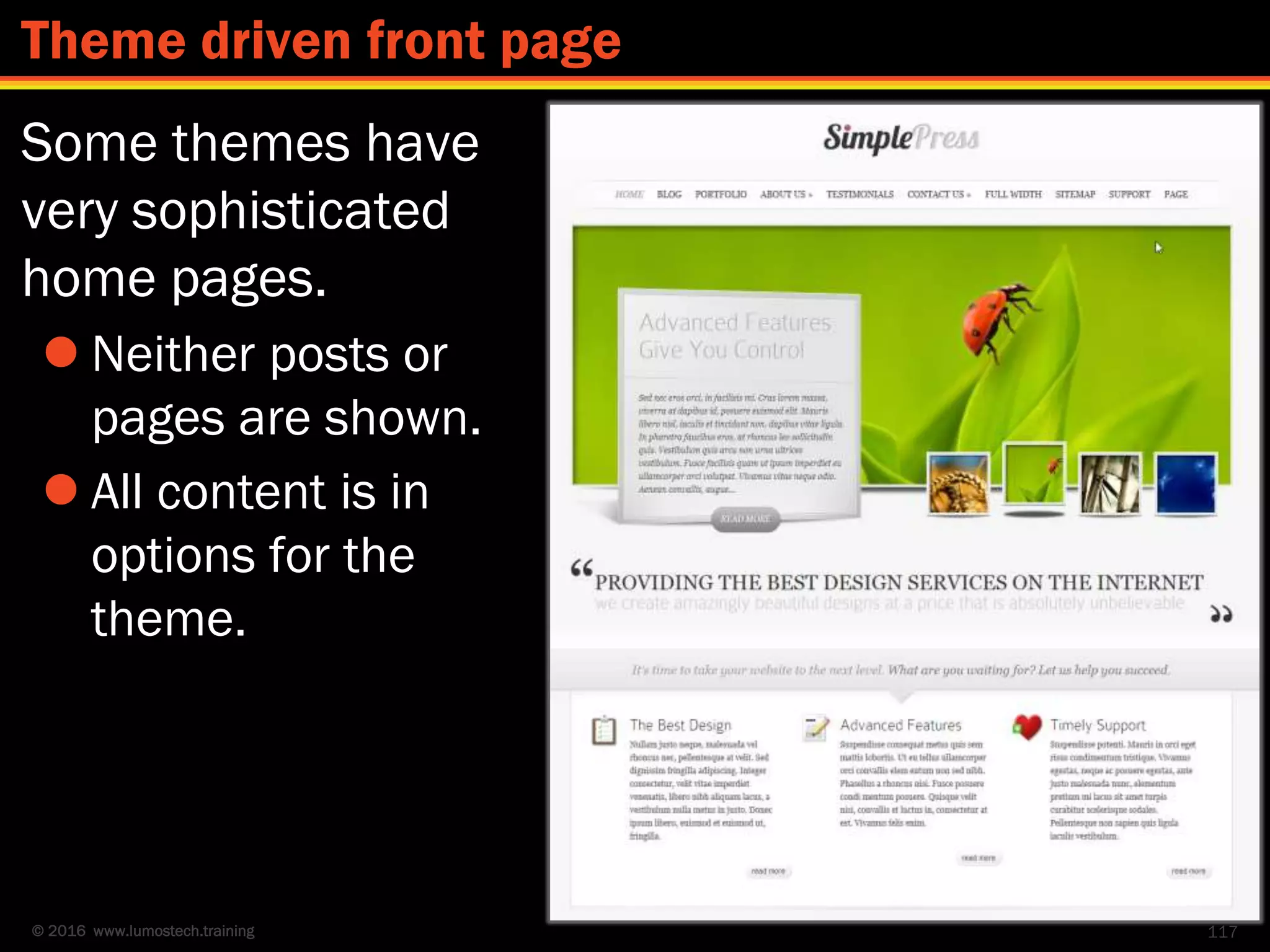 © 2016 www.lumostech.training
Some themes have
very sophisticated
home pages.
 Neither posts or
pages are shown.
 All content is in
options for the
theme.
117
Theme driven front page
 