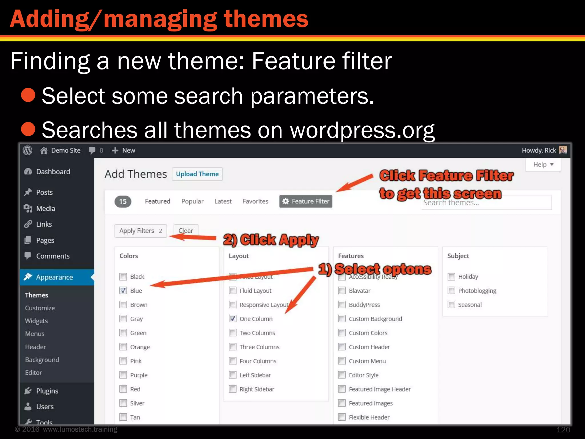 © 2016 www.lumostech.training
Finding a new theme: Feature filter
 Select some search parameters.
 Searches all themes on wordpress.org
120
Adding/managing themes
 