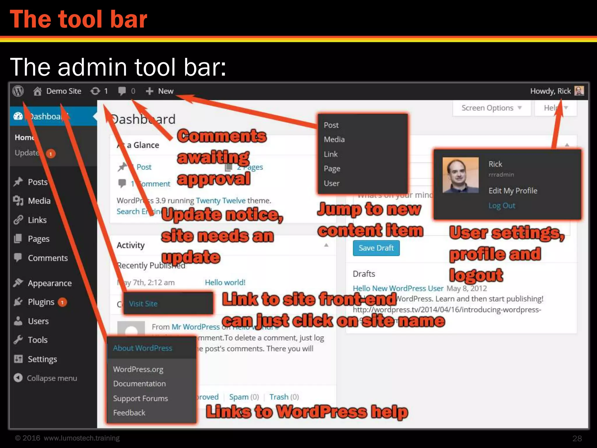 © 2016 www.lumostech.training
The admin tool bar:
28
The tool bar
 