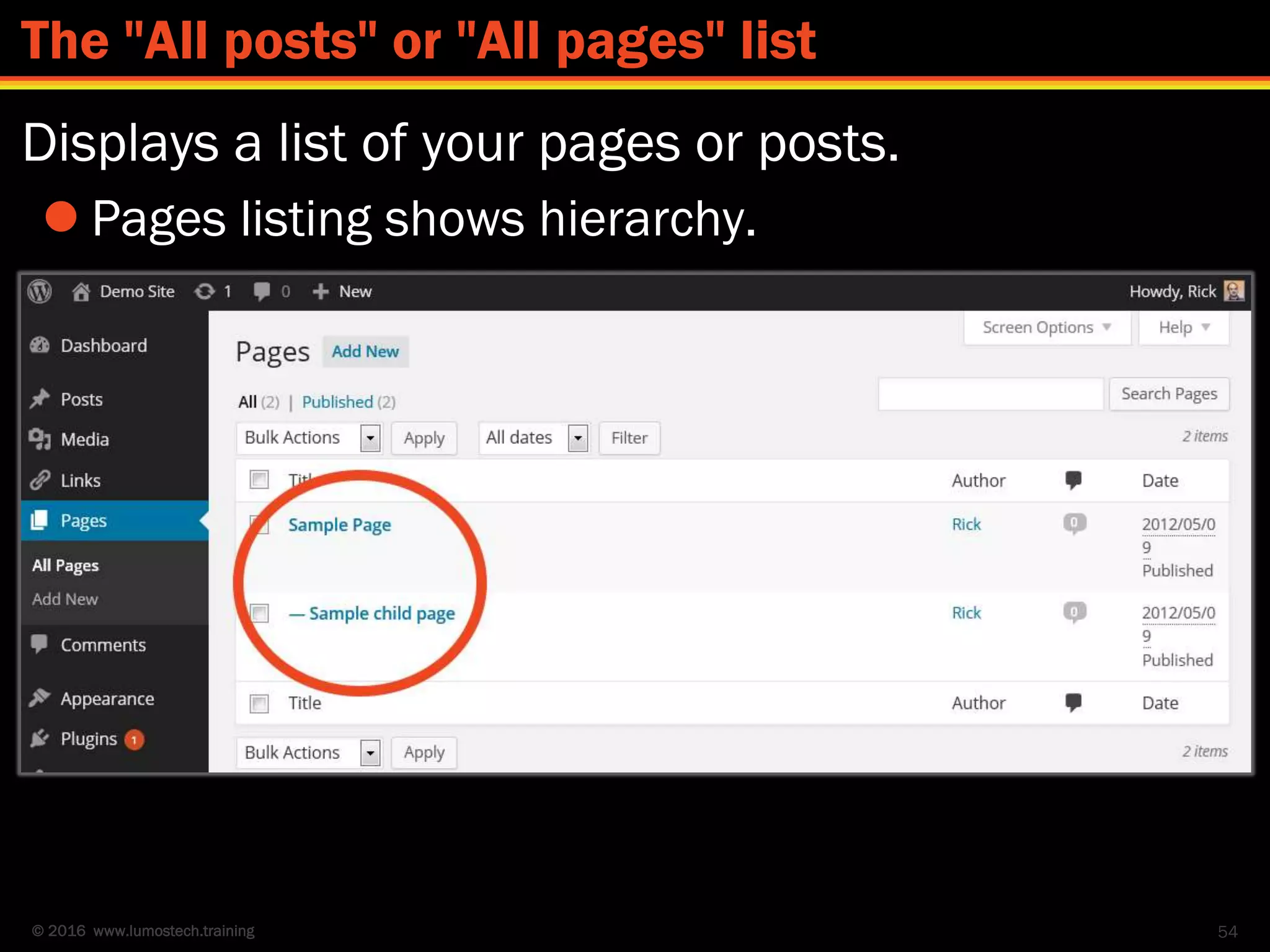 © 2016 www.lumostech.training
Displays a list of your pages or posts.
 Pages listing shows hierarchy.
54
The "All posts" or "All pages" list
 