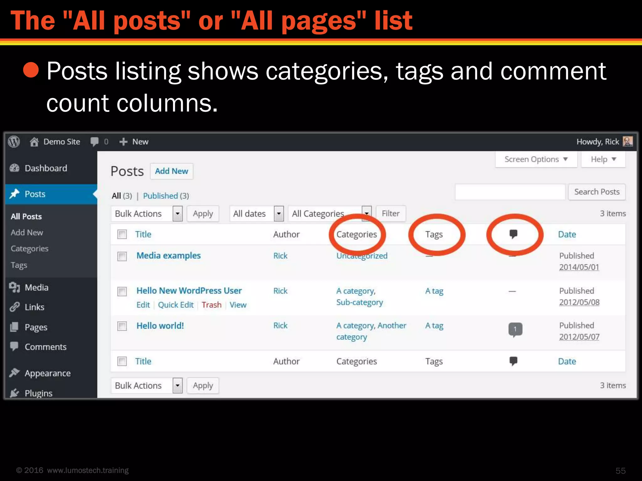 © 2016 www.lumostech.training
 Posts listing shows categories, tags and comment
count columns.
55
The "All posts" or "All pages" list
 
