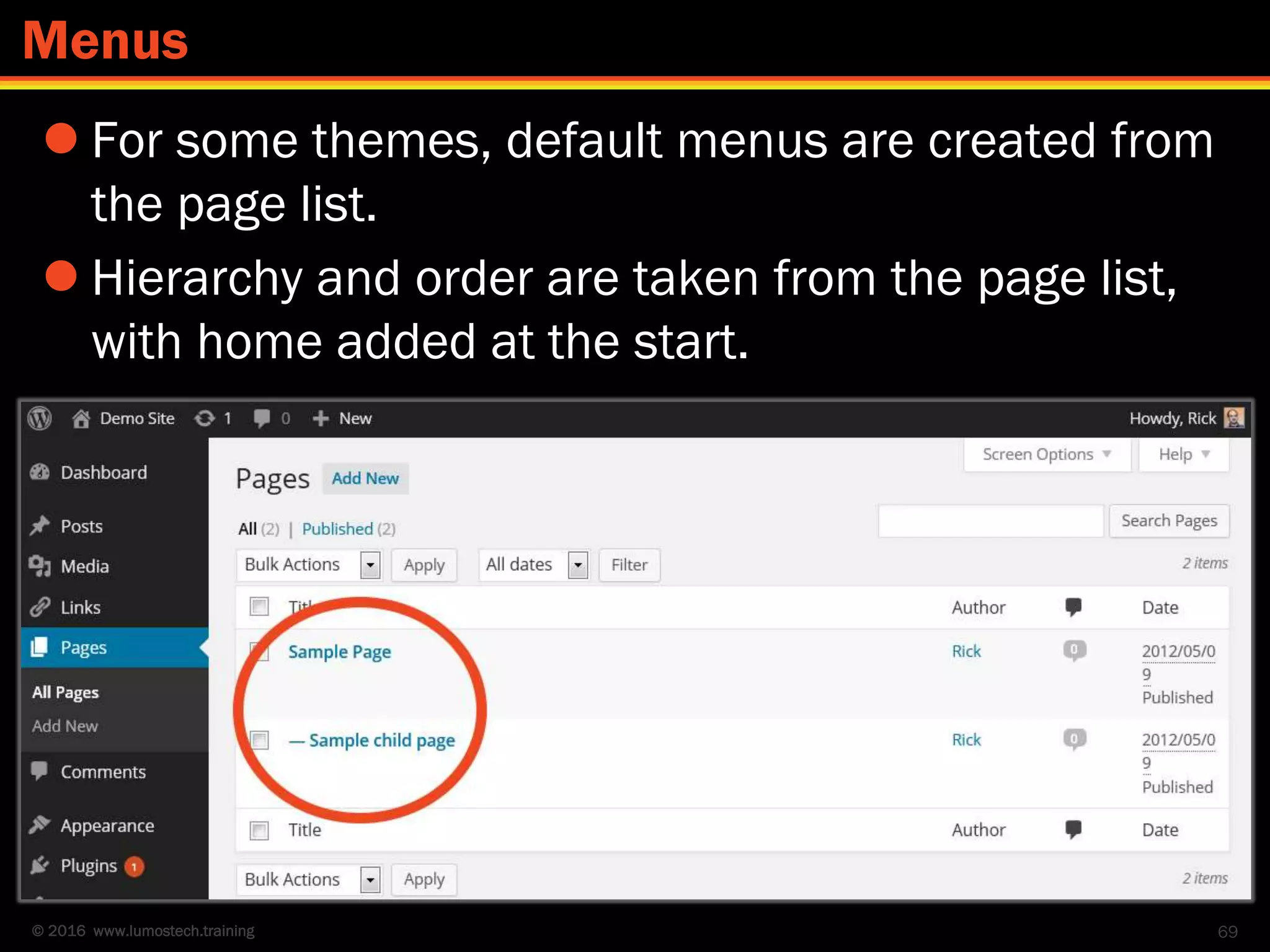 © 2016 www.lumostech.training
 For some themes, default menus are created from
the page list.
 Hierarchy and order are taken from the page list,
with home added at the start.
69
Menus
 