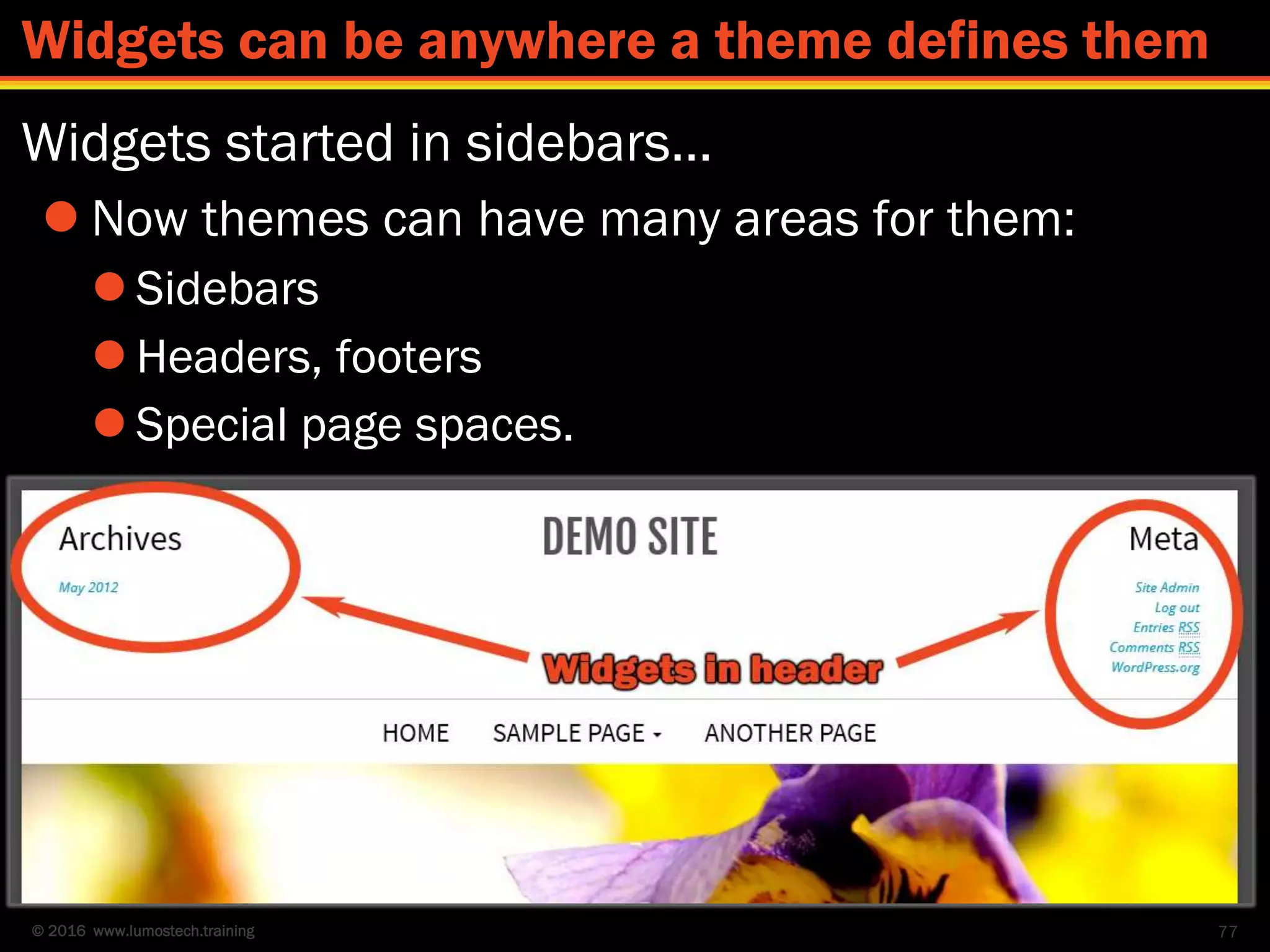 © 2016 www.lumostech.training
Widgets started in sidebars…
 Now themes can have many areas for them:
 Sidebars
 Headers, footers
 Special page spaces.
77
Widgets can be anywhere a theme defines them
 