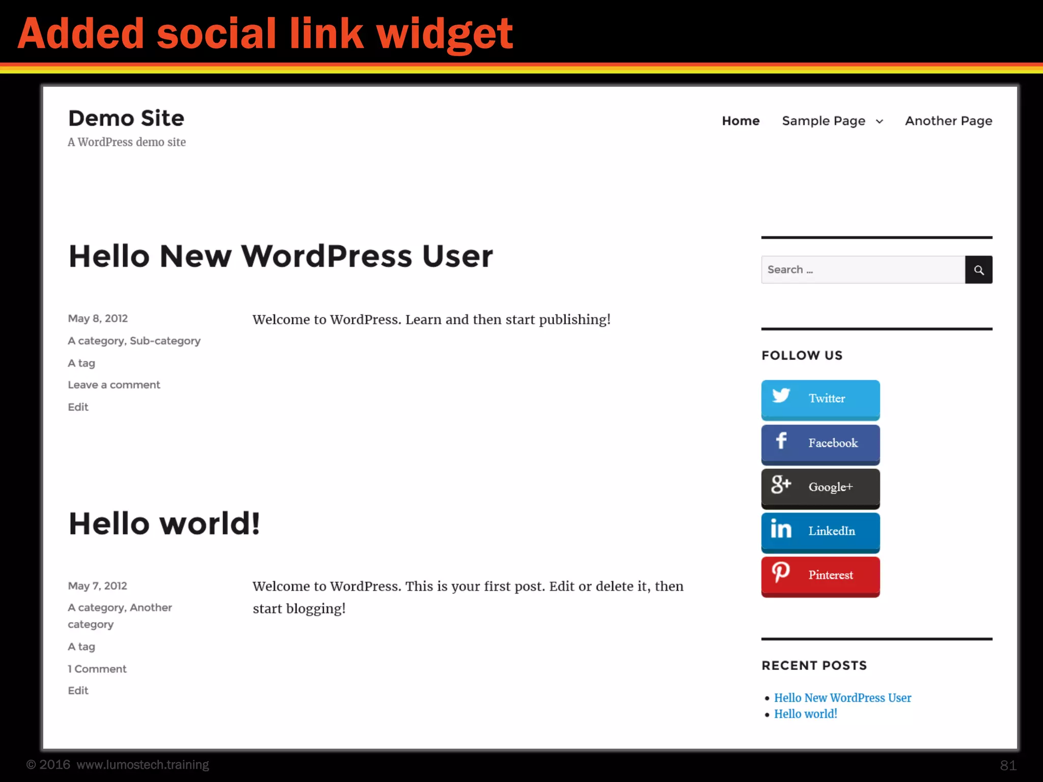 © 2016 www.lumostech.training 81
Added social link widget
 