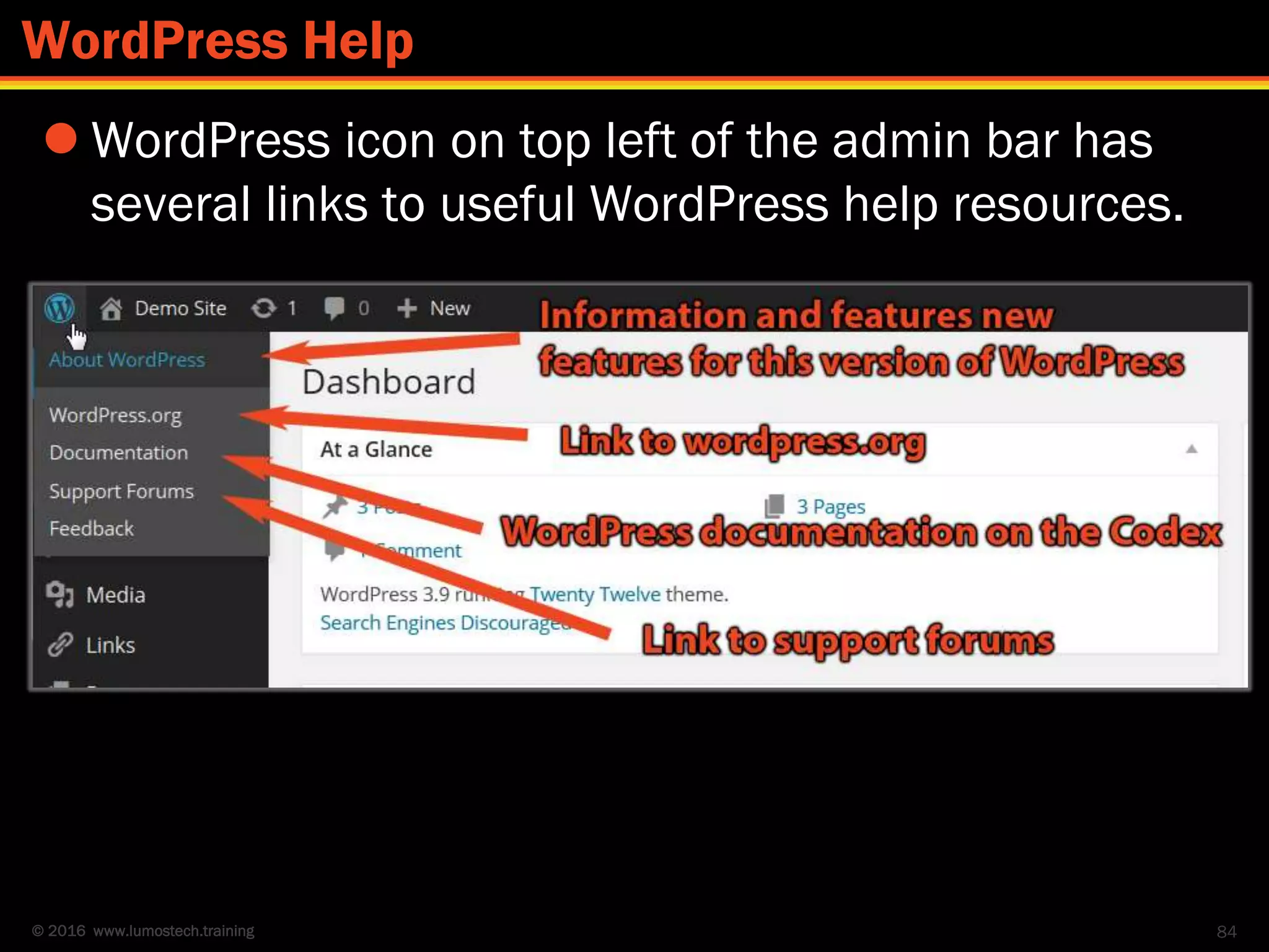 © 2016 www.lumostech.training
 WordPress icon on top left of the admin bar has
several links to useful WordPress help resources.
84
WordPress Help
 