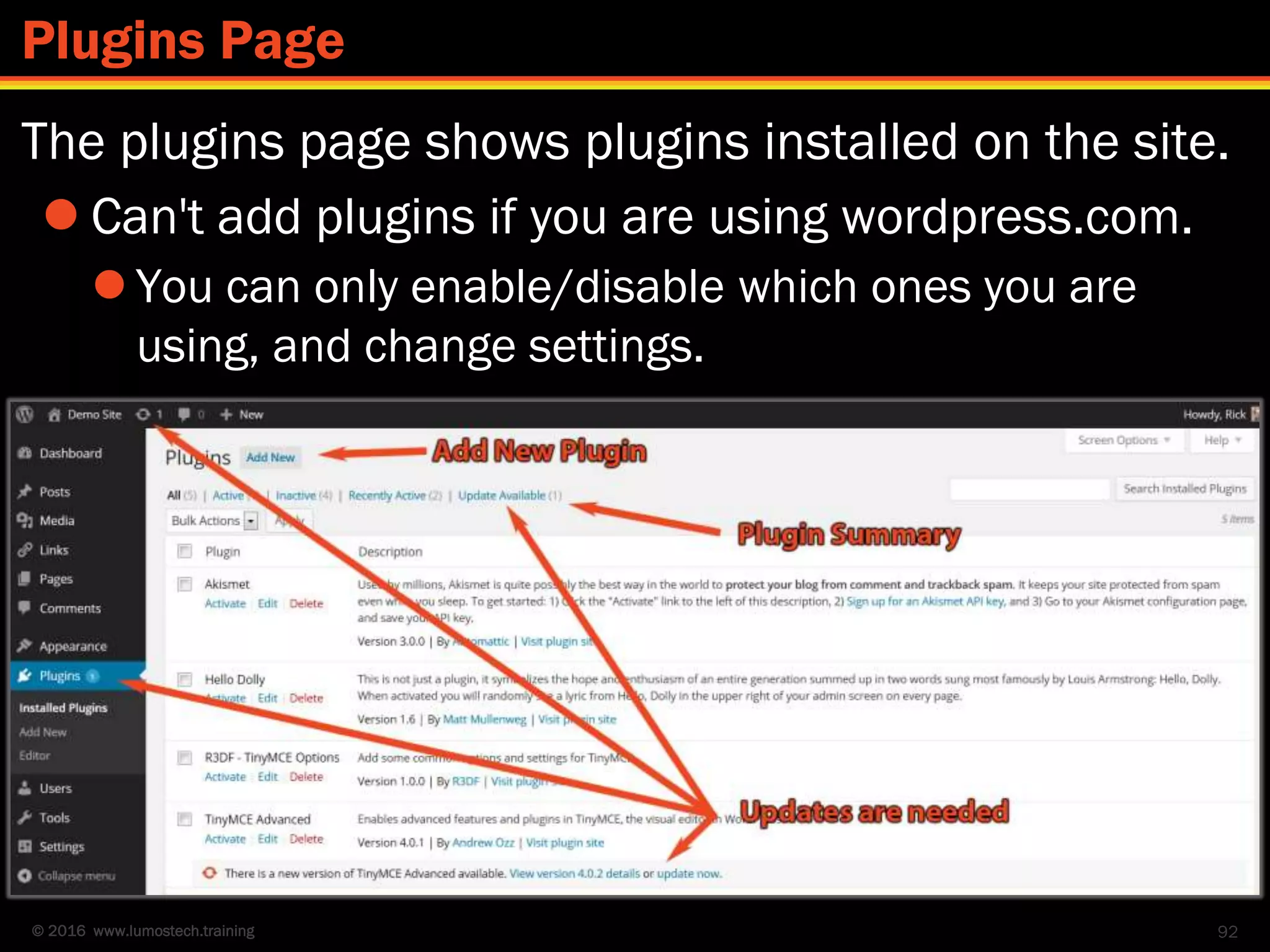 © 2016 www.lumostech.training
The plugins page shows plugins installed on the site.
 Can't add plugins if you are using wordpress.com.
 You can only enable/disable which ones you are
using, and change settings.
92
Plugins Page
 