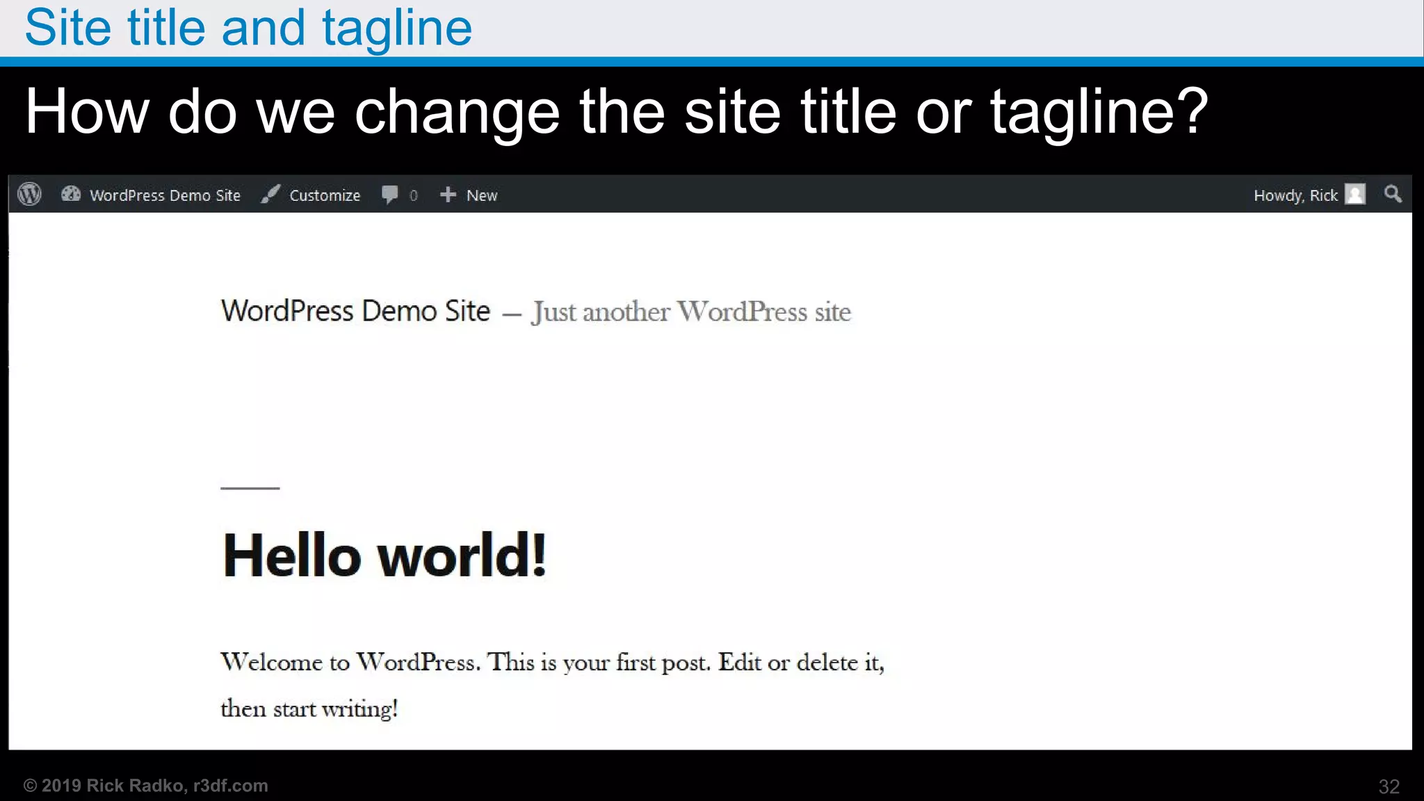© 2019 Rick Radko, r3df.com
Site title and tagline
How do we change the site title or tagline?
32
 