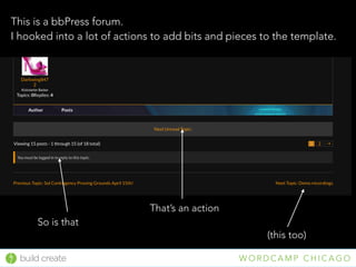 build create W O R D C A M P C H I C A G O
This is a bbPress forum.  
I hooked into a lot of actions to add bits and pieces to the template.
That’s an action
So is that
(this too)
 