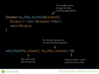 build create W O R D C A M P G R A N D R A P I D S
add_filter(‘the_content’, ‘my_filter_function’, 10);
function my_filter_function($content) {
$output = '<div>'.$content.'</div>';
return $output;
}
This variable comes
through from the
matching apply_filter()
The name of the
filter to hook into
Your function you want to
run when the filter is applied
Lower numbers = earlier
execution of your filter
 