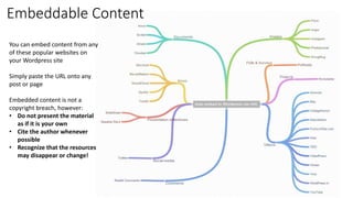Embeddable Content
You can embed content from any
of these popular websites on
your Wordpress site
Simply paste the URL onto any
post or page
Embedded content is not a
copyright breach, however:
• Do not present the material
as if it is your own
• Cite the author whenever
possible
• Recognize that the resources
may disappear or change!
 