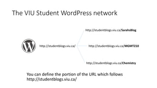 The VIU Student WordPress network
http://studentblogs.viu.ca/
http://studentblogs.viu.ca/Chemistry
http://studentblogs.viu.ca/MGMT210
http://studentblogs.viu.ca/SarahsBlog
You can define the portion of the URL which follows
http://studentblogs.viu.ca/
 