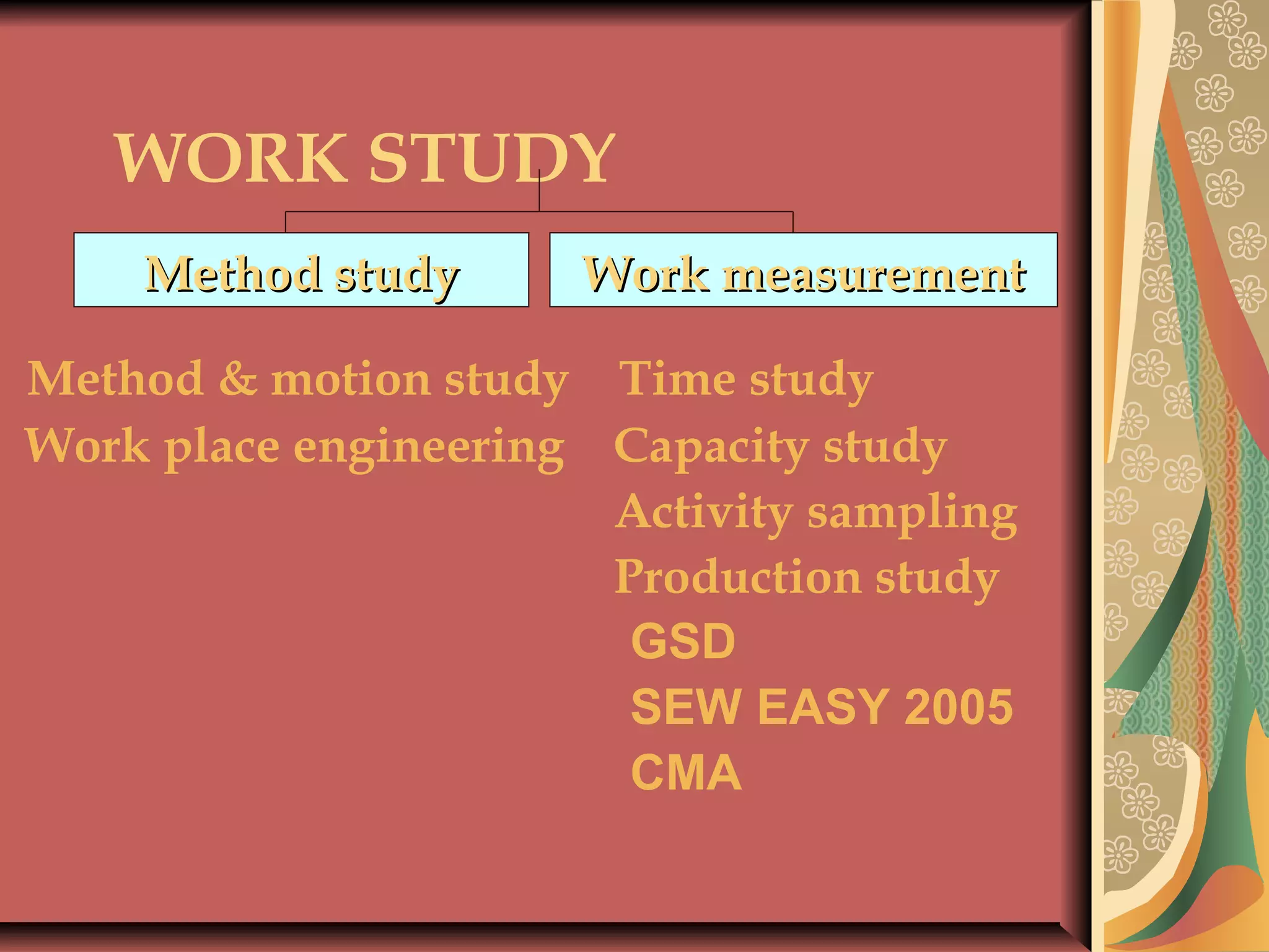 WORK STUDY
Method & motion study Time study
Work place engineering Capacity study
Activity sampling
Production study
GSD
SEW EASY 2005
CMA
Work measurementWork measurementMethod studyMethod study
 