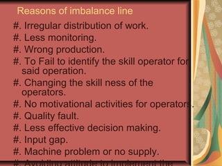 Reasons of imbalance line
#. Irregular distribution of work.
#. Less monitoring.
#. Wrong production.
#. To Fail to identify the skill operator for
said operation.
#. Changing the skill ness of the
operators.
#. No motivational activities for operators.
#. Quality fault.
#. Less effective decision making.
#. Input gap.
#. Machine problem or no supply.
 