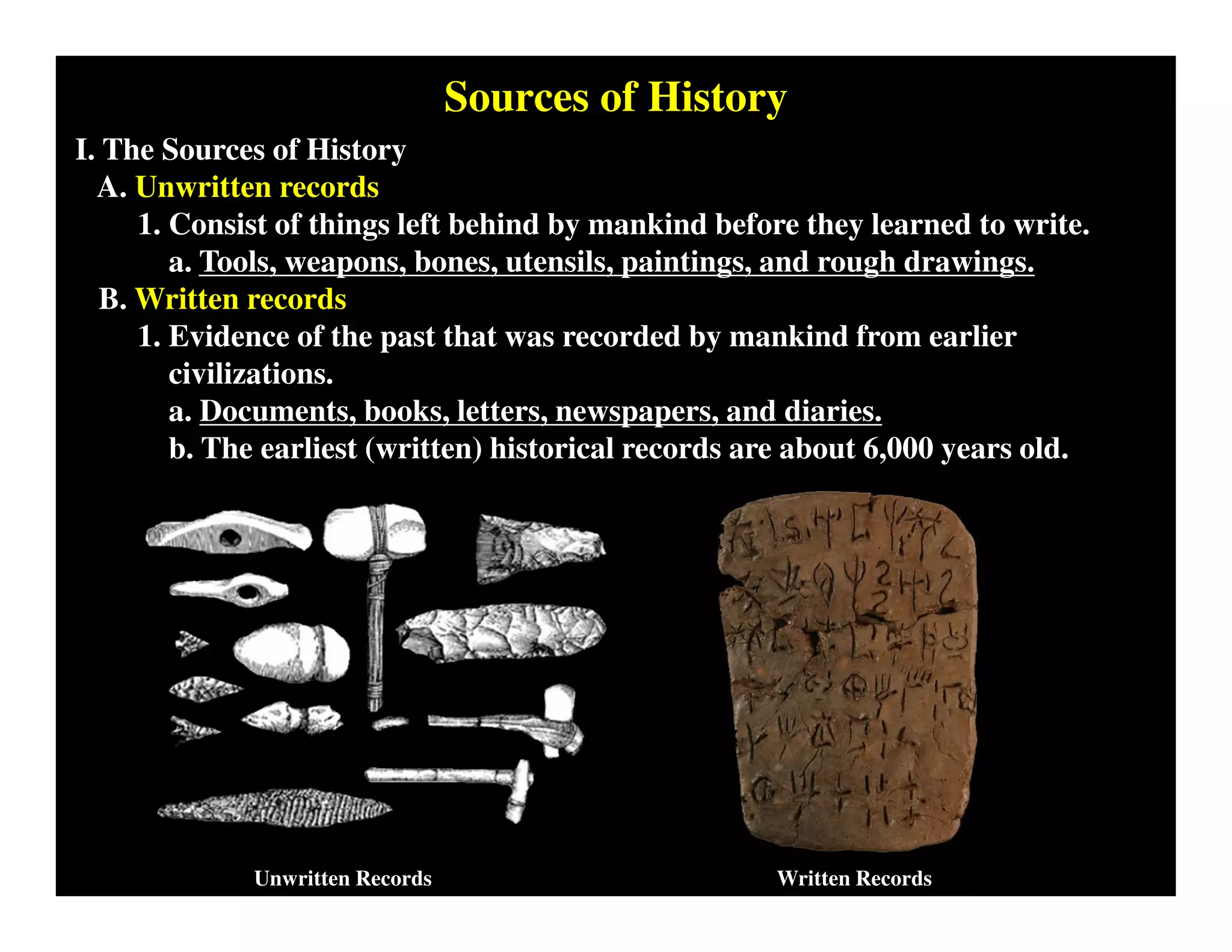 Sources of History
I. The Sources of History
A. Unwritten records
1. Consist of things left behind by mankind before they learned to write.
a. Tools, weapons, bones, utensils, paintings, and rough drawings.
B. Written records
1. Evidence of the past that was recorded by mankind from earlier
civilizations.
a. Documents, books, letters, newspapers, and diaries.
b. The earliest (written) historical records are about 6,000 years old.
Unwritten Records Written Records
 