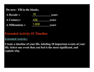 Do now: Fill in the blanks.
A Decade = _____________ years
A Century= ____________ years
A Millennium = ____________ years
10
100
1,000
Extended Activity #1 Timeline
Extended Activity:
Create a timeline of your life, labeling 10 important events of your
life. Select one event that you feel is the most significant, and
explain why.
 