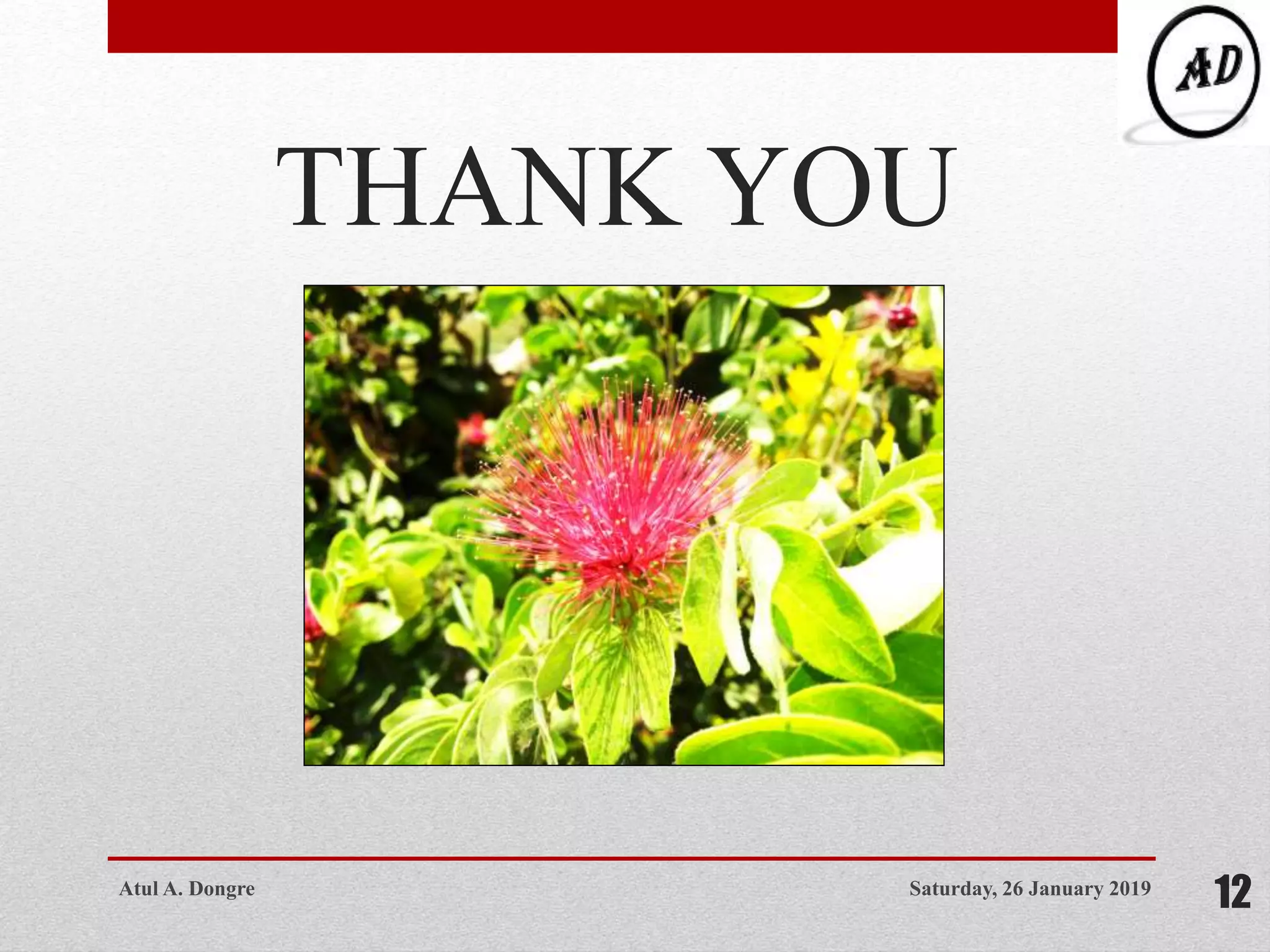 THANK YOU
Saturday, 26 January 2019
12Atul A. Dongre
 