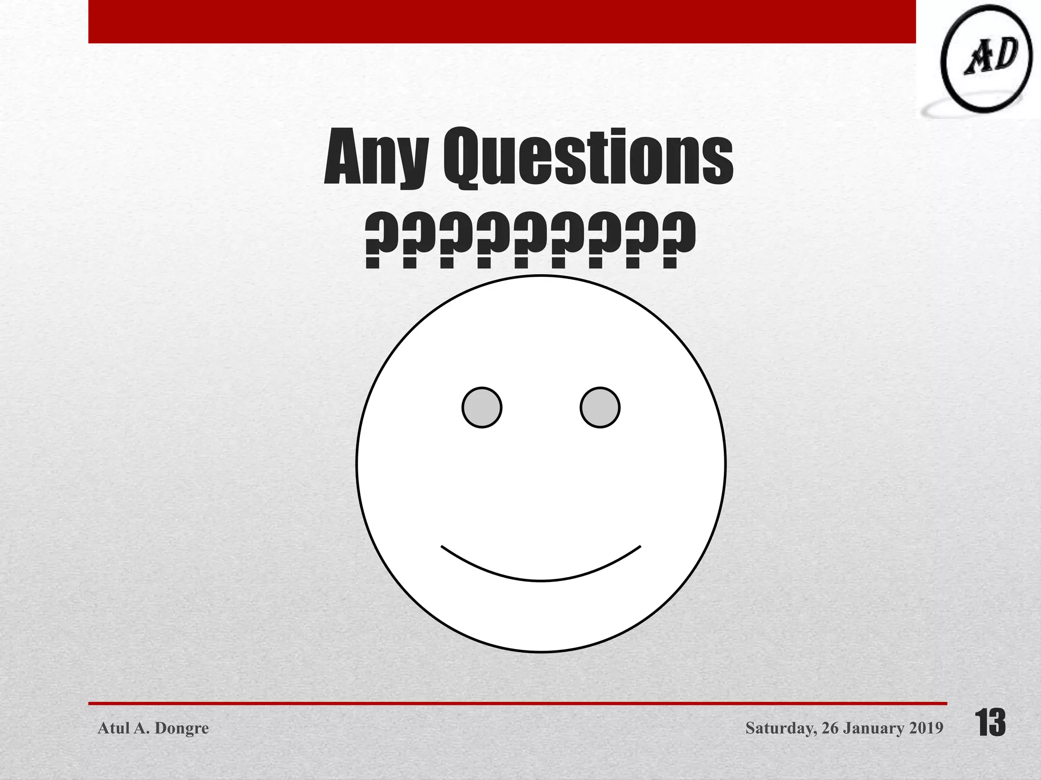 Any Questions
?????????
Saturday, 26 January 2019 13Atul A. Dongre
 
