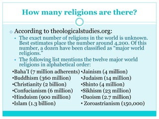 How many religions are there?
o According to theologicalstudies.org:
 The exact number of religions in the world is unkno...