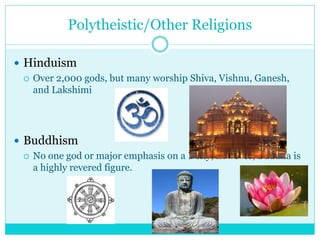 Polytheistic/Other Religions
 Hinduism
 Over 2,000 gods, but many worship Shiva, Vishnu, Ganesh,
and Lakshimi
 Buddhism...