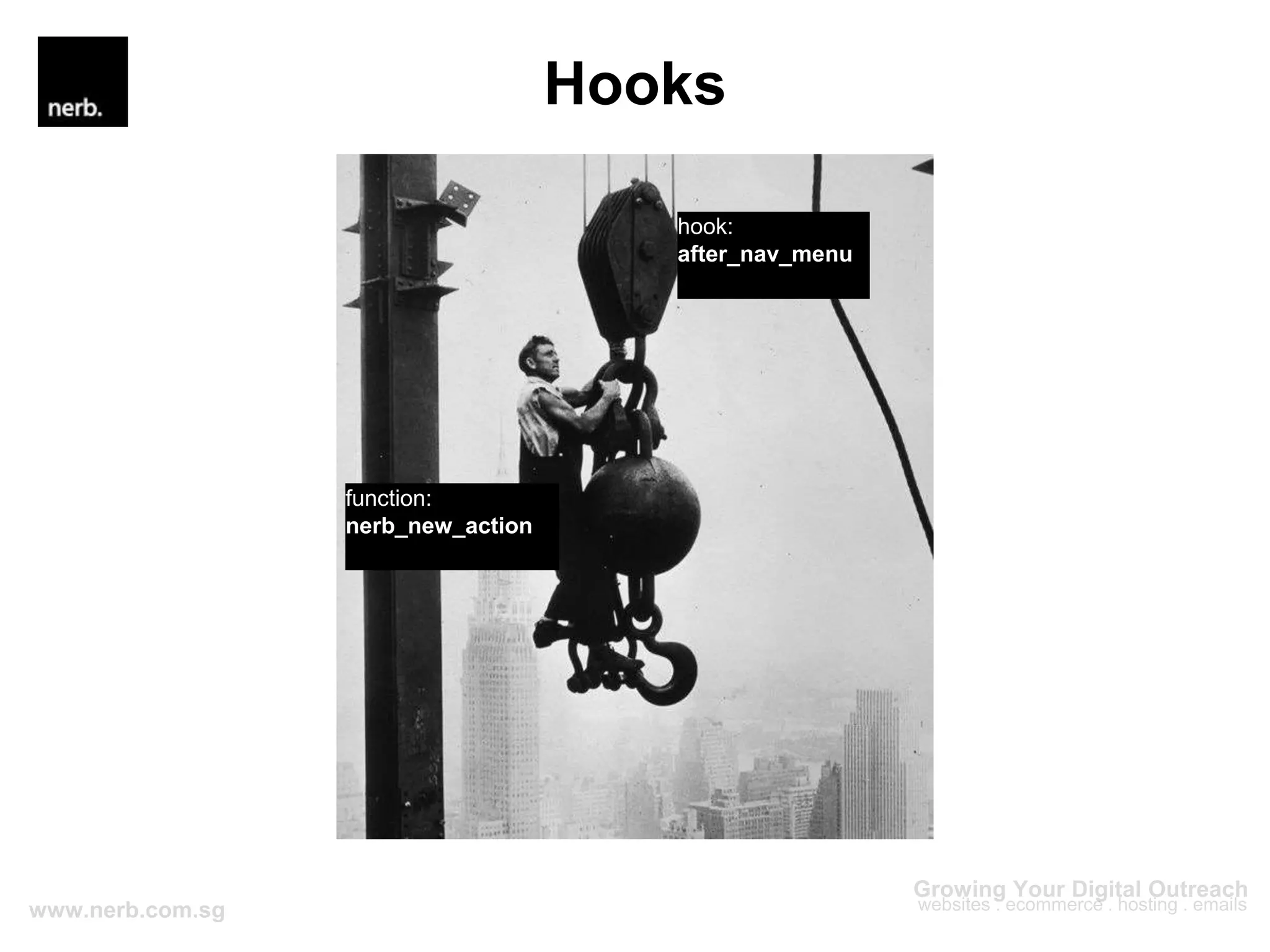 Hooks
hook:
after_nav_menu
function:
nerb_new_action
 