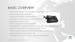 BASIC OVERVIEW
• Proprietary anti- vibration technology allows 360 degree installation.
• Modular design for easy maintenance
• Total resources 4CH full D1 real time ( 25/30fps)
• Dual streams for local recording and wireless transmission.
• External GPS for location tracking
• Built-in 3G for remote live view and monitoring
• External WIFI 802.11N supported for all the regular video flies and alarm file download
• Patented FS 3.0 file system for data reliability and data recovery.
• Mirror recording onto internal SD card for backup of all the event video files
• Supports Hard disk 2.5” Sata or SSD max .1TB
• Certificates: CE, FCC , E11 & e11emark , MIL-STO, ISO 16750, IS0-7637
COPYRIGHT RESERVED MOBILE CCTV SYSTEMS LTD 2013
 