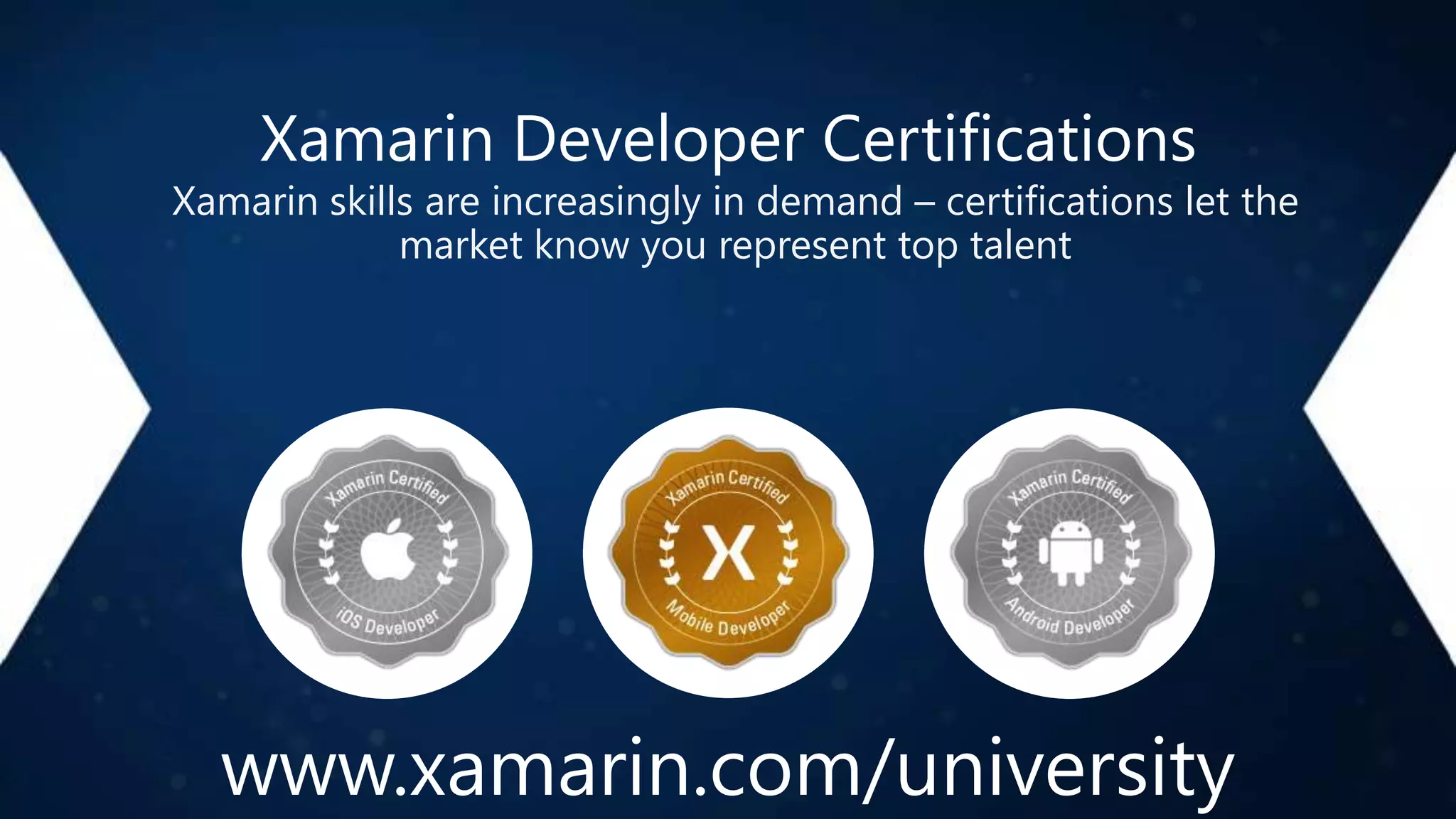 Xamarin Developer Certifications
Xamarin skills are increasingly in demand – certifications let the
market know you represent top talent
www.xamarin.com/university
 