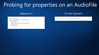 Probing for properties on an AudioFile
Objective-C

C# with Xamarin

 