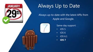 Always Up to Date
Always up-to-date with the latest APIs from
Apple and Google.
Same-day support:
•

iOS 5

•

iOS 6

•

iOS 6.1

•

iOS 7

 
