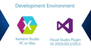 Development Environment

Xamarin Studio
PC or Mac

Visual Studio Plugin
VS 2010/2012/2013

 