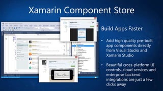 Xamarin Component Store
Build Apps Faster
• Add high quality pre-built
app components directly
from Visual Studio and
Xamarin Studio
• Beautiful cross-platform UI
controls, cloud services and
enterprise backend
integrations are just a few
clicks away

 