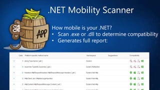 .NET Mobility Scanner
How mobile is your .NET?
• Scan .exe or .dll to determine compatibility
• Generates full report:

 